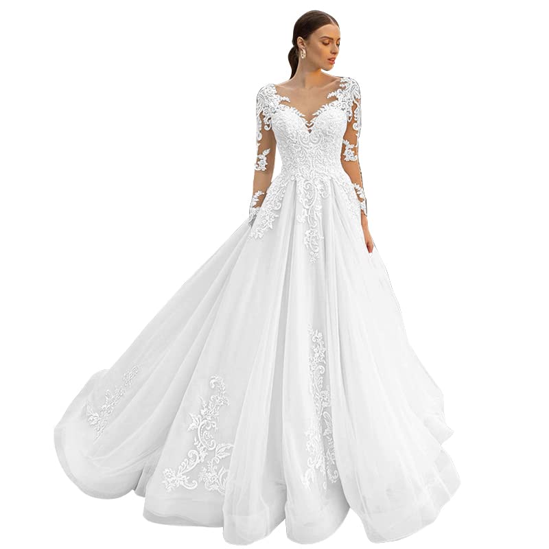 Elegant V-Neck Lace Wedding Dress 2022 - Princess Tulle Ball Gown with Long Sleeves for Brides | Perfect for Church Ceremonies, Beach Weddings & Formal Receptions