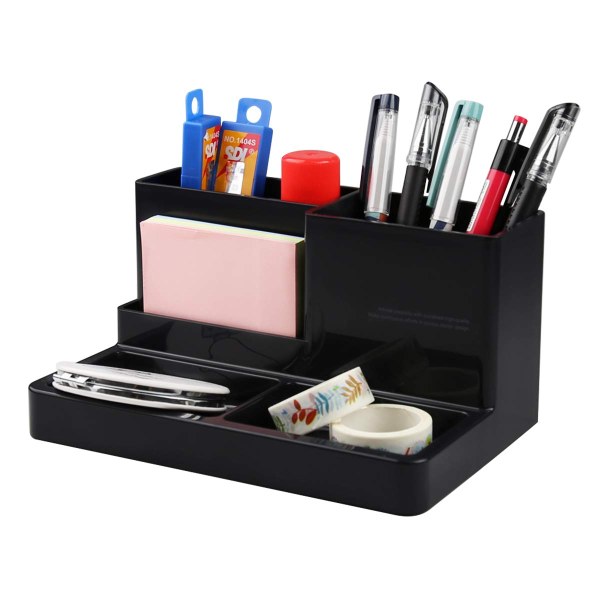 Citmage 5-Compartment Desk Organizer - Plastic Office Supplies Caddy for Pencils, Pens, Markers, Erasers & Thumbtacks - Black Desktop Storage Box (7.1