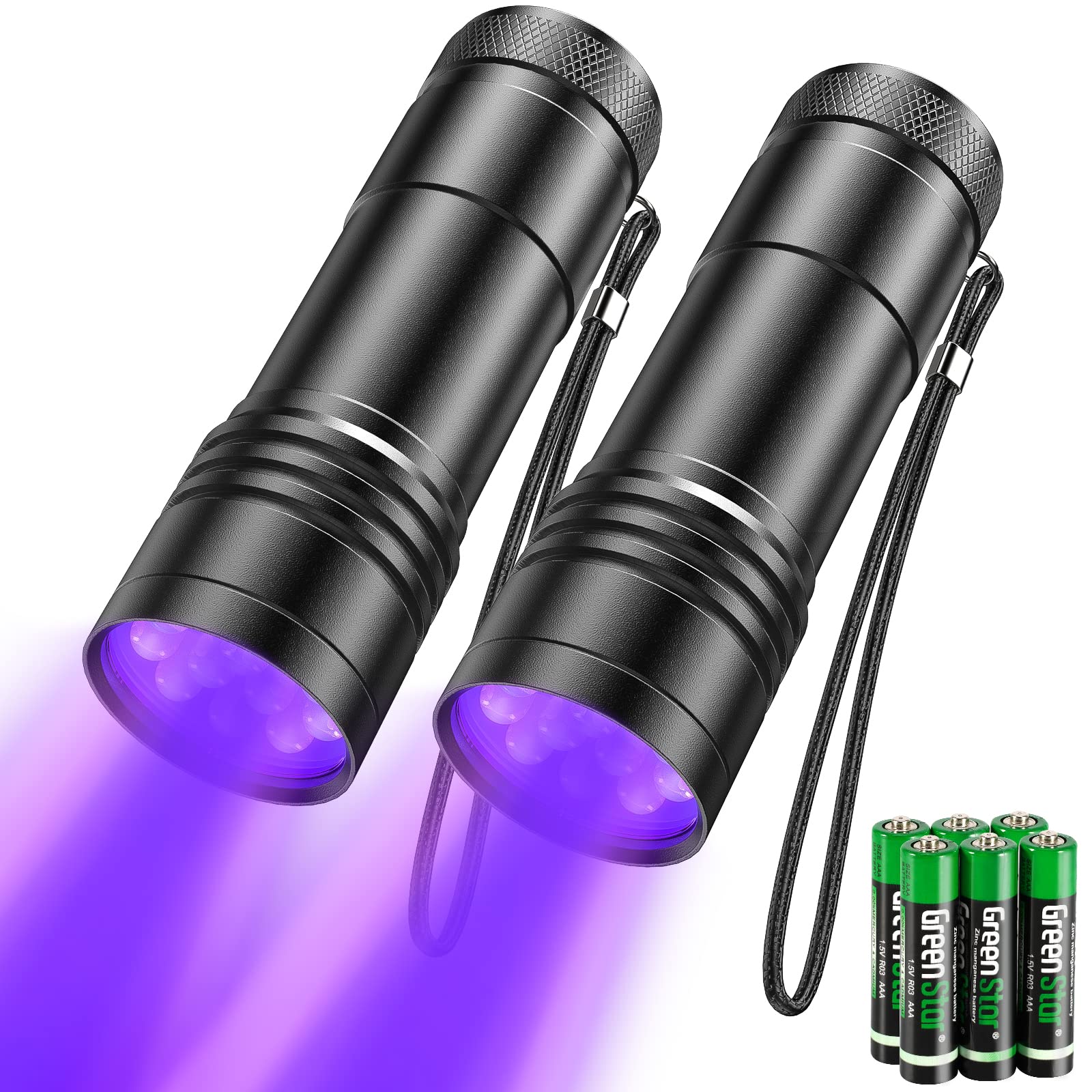 UV Flashlights 2 Pack - 12 LED 395nm Black Light Flashlight for Detecting Pet Urine & House Stains | Includes 6 AAA Batteries | Perfect for Home Inspection, Crime Scene Investigation & Nighttime Hunting