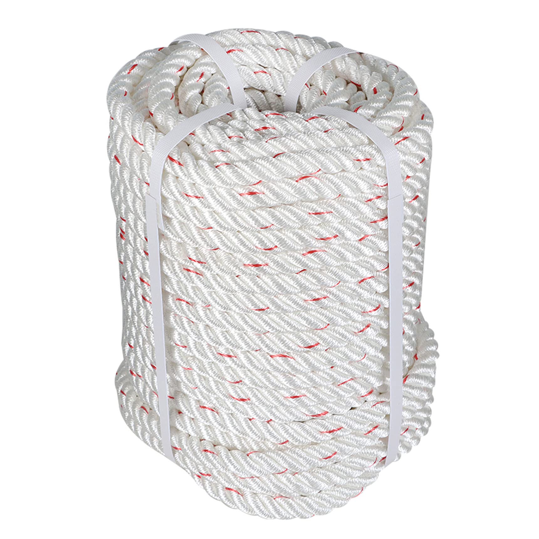 5/8 x 150 Feet Double Braid Polyester Rope - Heavy Duty Arborist Rigging Rope, Multipurpose Bull Rope for Tree Climbing, Boat Mooring, Farm Work & Towing - Durable Nylon Pulling Rope (White/Red) - Perfect for Outdoor Activities, Construction & Emergency Rescue