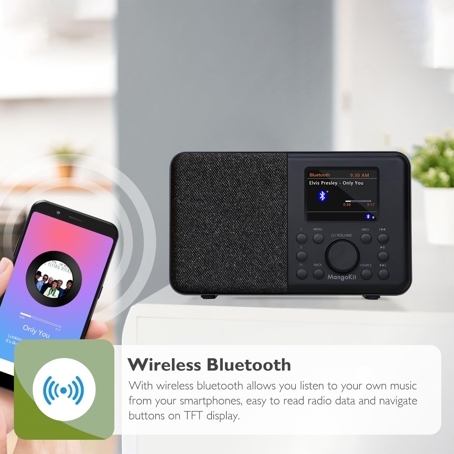 MangoKit SR10 Portable Internet Radio with WiFi, DAB/DAB+ Digital Radio, Bluetooth Speaker, FM Tuner, Podcast Player - Dual Alarm, Color Display, Mains/Battery Powered - Perfect for Kitchen, Bedroom, and Travel Use - Black