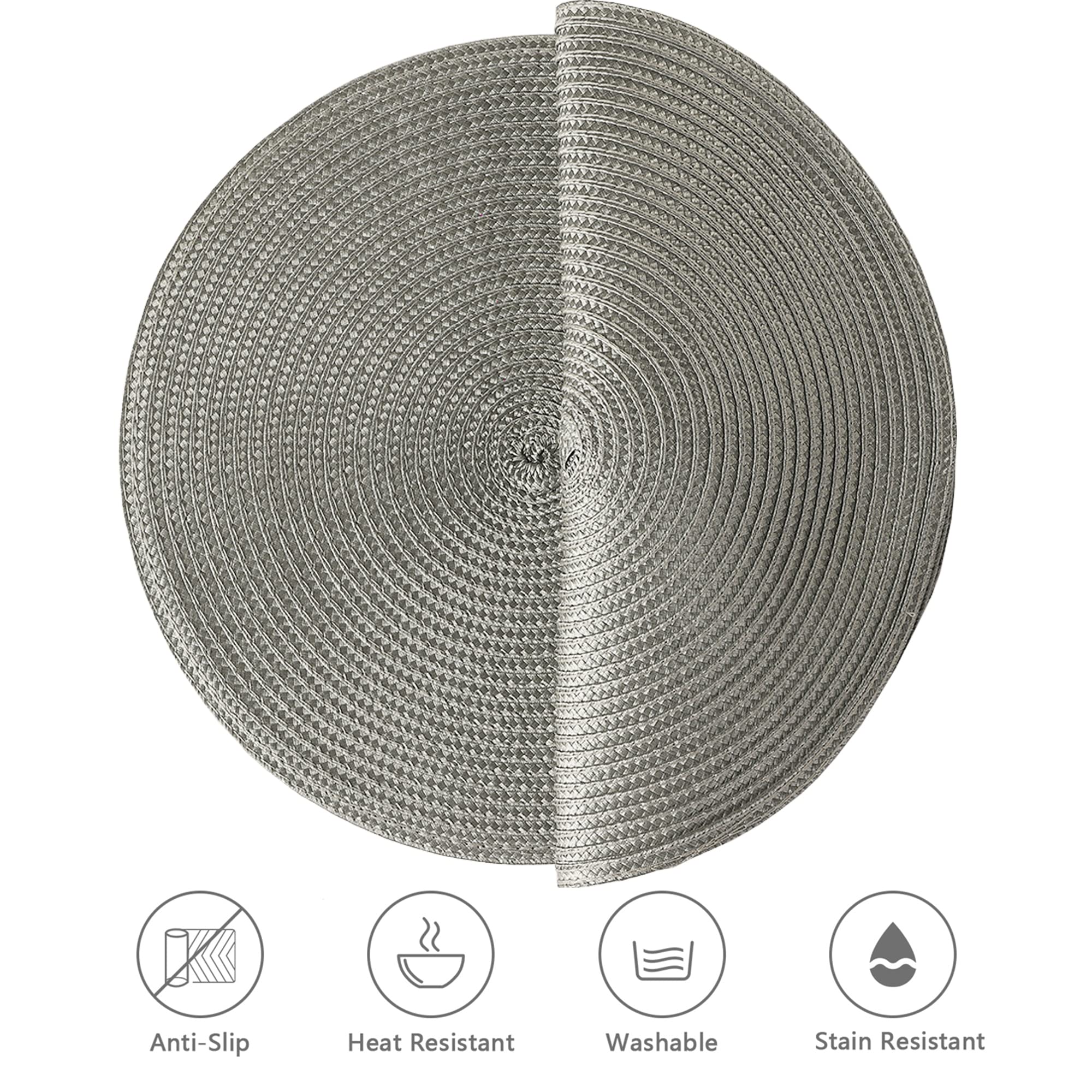 Round Heat-Resistant Anti-Slip Placemats Set of 6 - 12.6 Inch Washable Gray Table Mats for Dining Room, Kitchen & Outdoor Use (32CM) - Perfect for Everyday Meals, Dinner Parties and Picnics