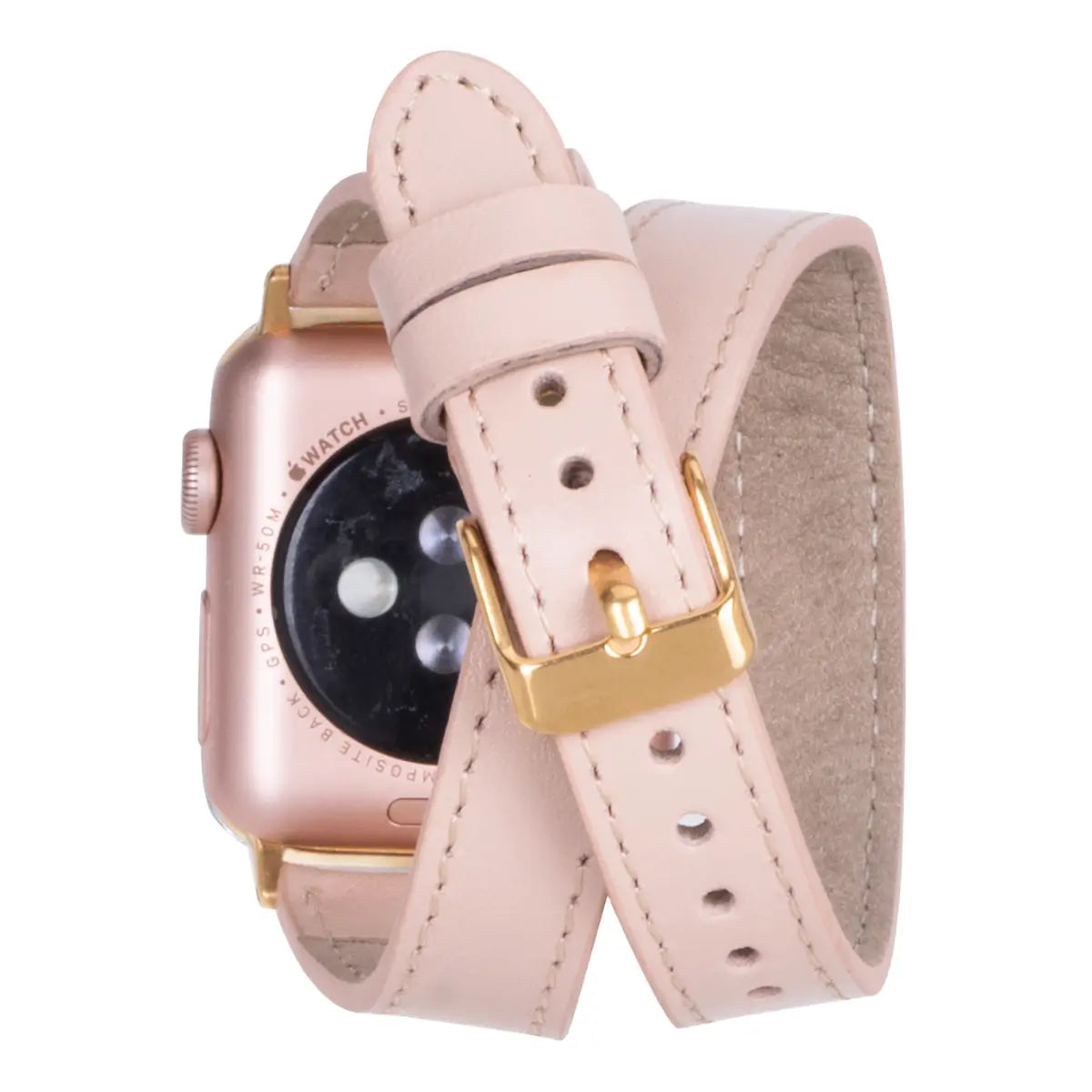 Elegant Nude Leather Double Tour Slim Apple Watch Band with Gold Rivet - Perfect for Work, Casual & Formal Occasions