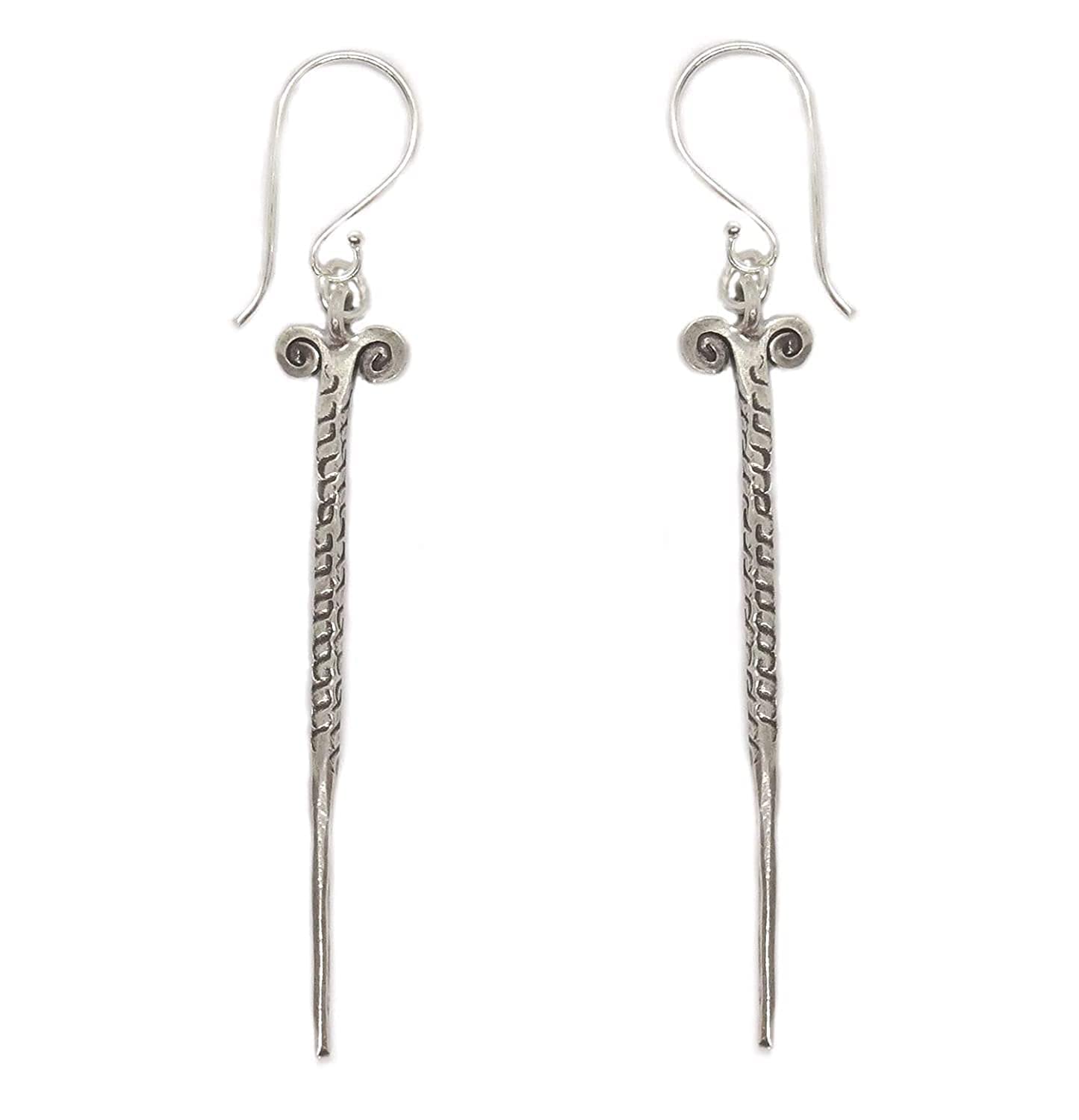 Handmade Sterling Silver Needle Spike Long Dangle Earrings with Tribal Thorn & Ethnic Motifs - Perfect for Boho Fashion, Festival Jewelry & Unique Gift Ideas