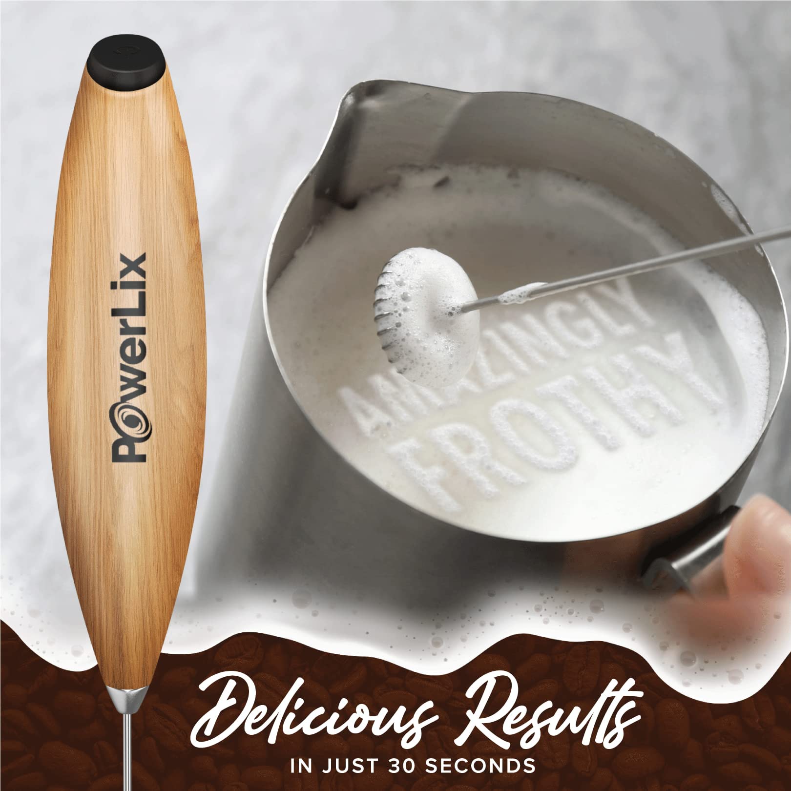 PowerLix Powerful Handheld Milk Frother with Stand - Battery Operated Foam Maker & Frother Wand for Coffee, Hot Chocolate & Matcha - Perfect for Home, Office & Cafe Use (Black, Wooden)