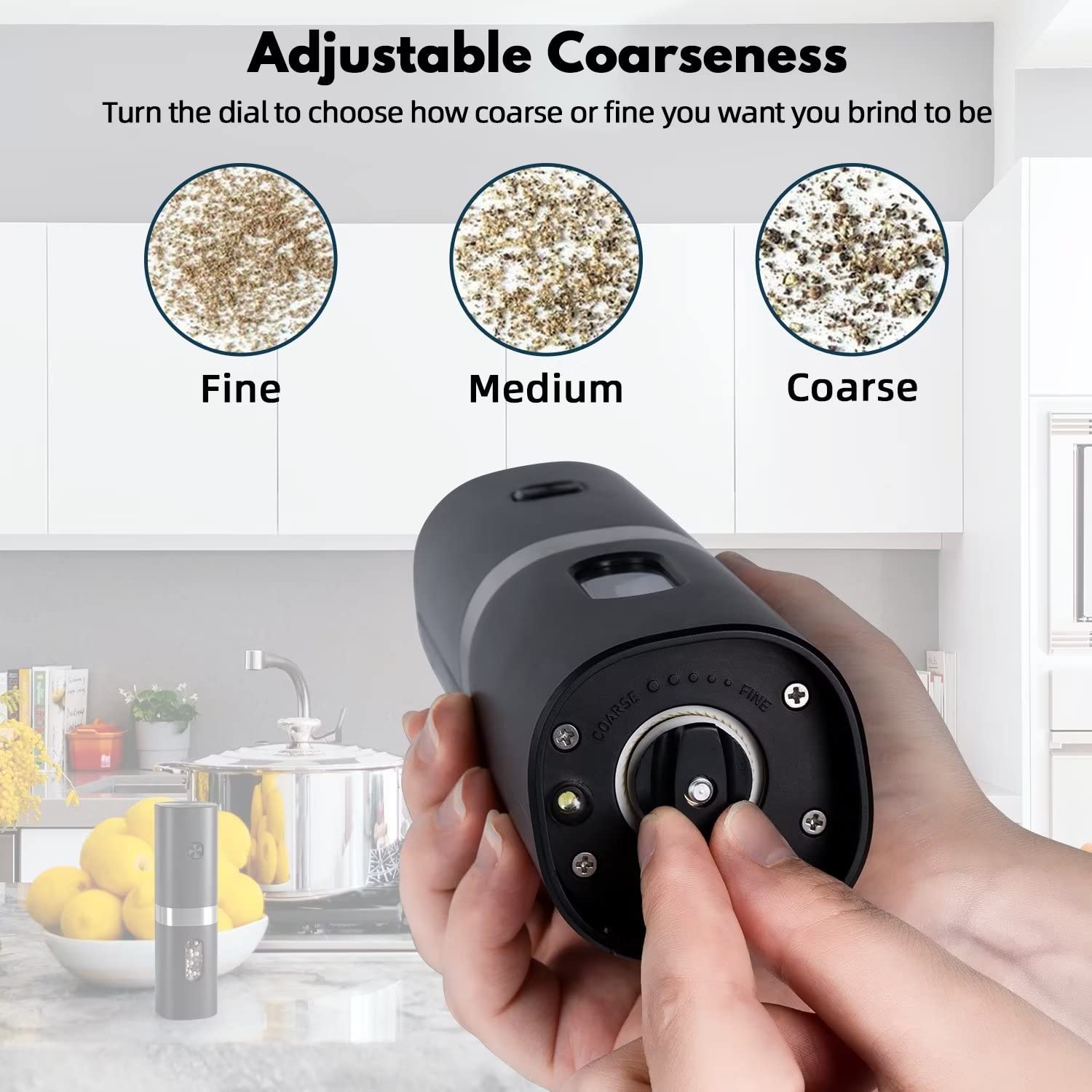 Premium Electric Pepper Grinder & Salt Mill - Battery Operated, Adjustable Coarseness, One-Hand Button Control with LED Light - Refillable Black Peppercorn Grinder (Batteries Not Included) - Perfect for Kitchen, Dining Table & Gourmet Cooking