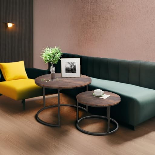 Industrial Round Coffee Table Set of 2 - Wood Look End Tables with Metal Frame for Living Room - Stackable Side Tables, Sturdy & Easy Assembly - Black & Rustic Brown - Perfect for Small Spaces, Home Decor, and Modern Interior Design