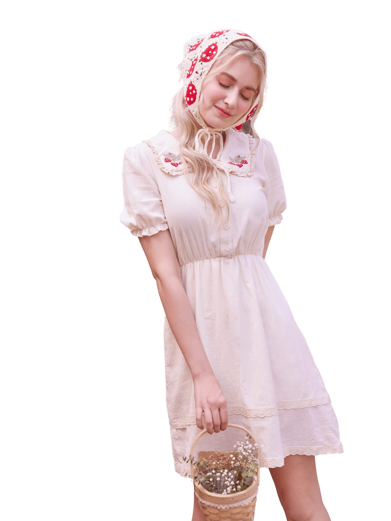 SheIn Women's Summer Dress - Cute Strawberry Embroidery Contrast Lace Button Front Flowy Dress for Beach, Vacation & Date Night | Casual & Romantic Outfit