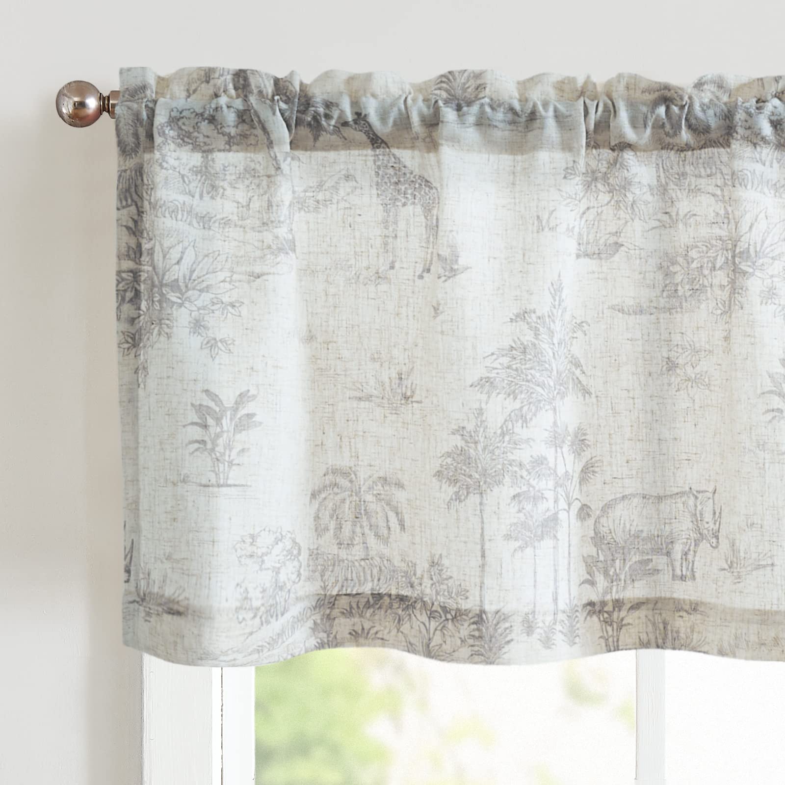 Jinchan Linen Valance Curtain - Toile De Jouy Kitchen Window Valance 16 Inch, Farmhouse Country Rustic Botanical Design, Rod Pocket 1 Panel Grey on Beige - Perfect for Small Windows in Living Room, Bedroom & Kitchen Decor