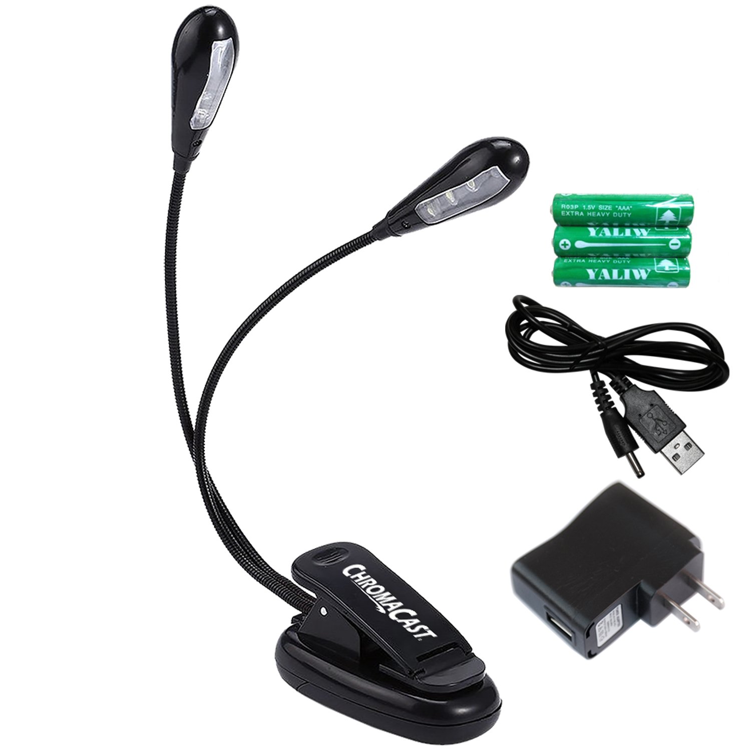 ChromaCast LED Music Stand Clip-On Dual Head Book Light - Adjustable Brightness 2-Level Reading Lamp for Bed, Piano, Sheet Music - Lightweight & Portable with Batteries & Wall Adapter Included