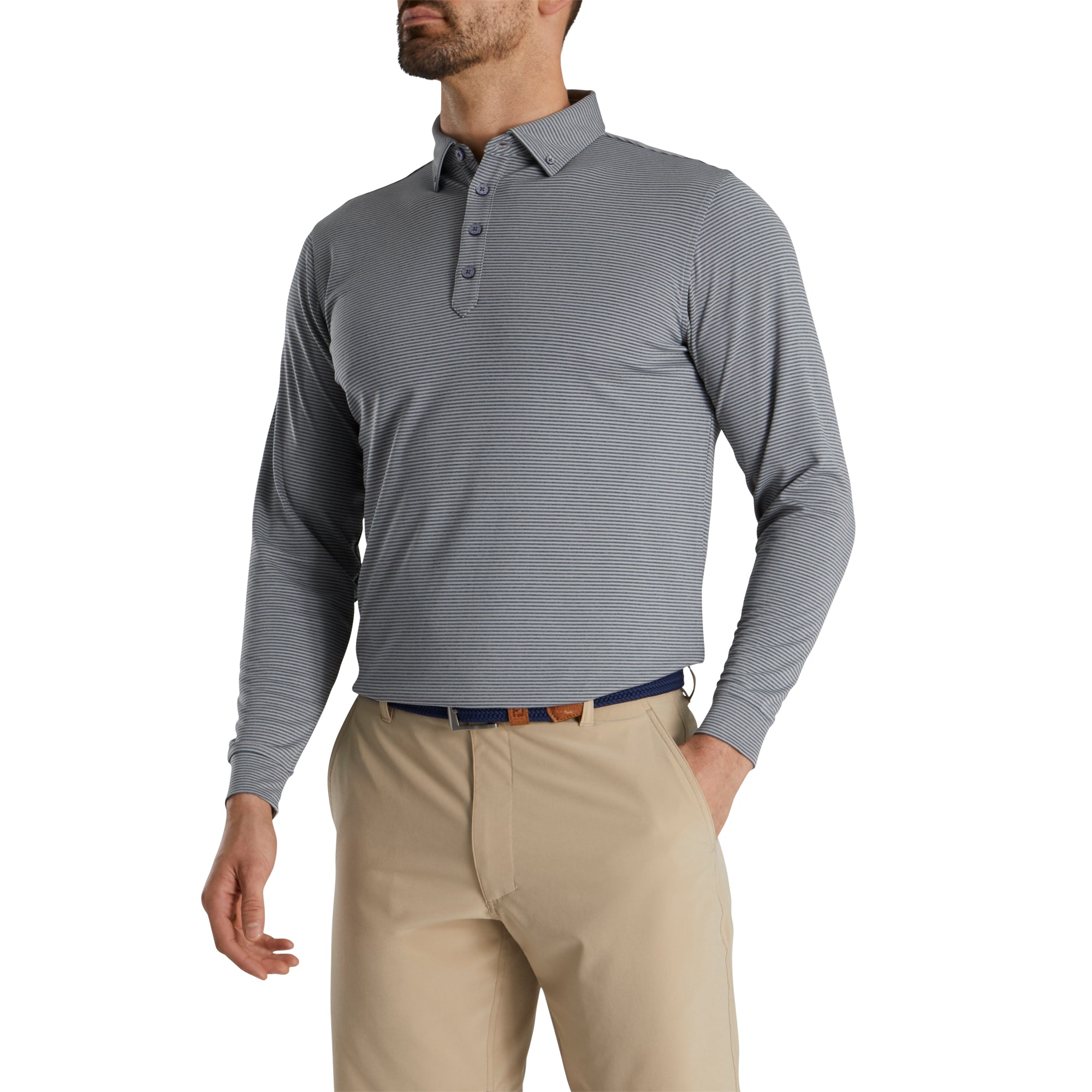 FootJoy Men's Long Sleeve Golf Polo Shirt - Heather Smoke Stripe Jersey Feeder - Moisture Wicking & UV Protection for Golf Course & Casual Wear