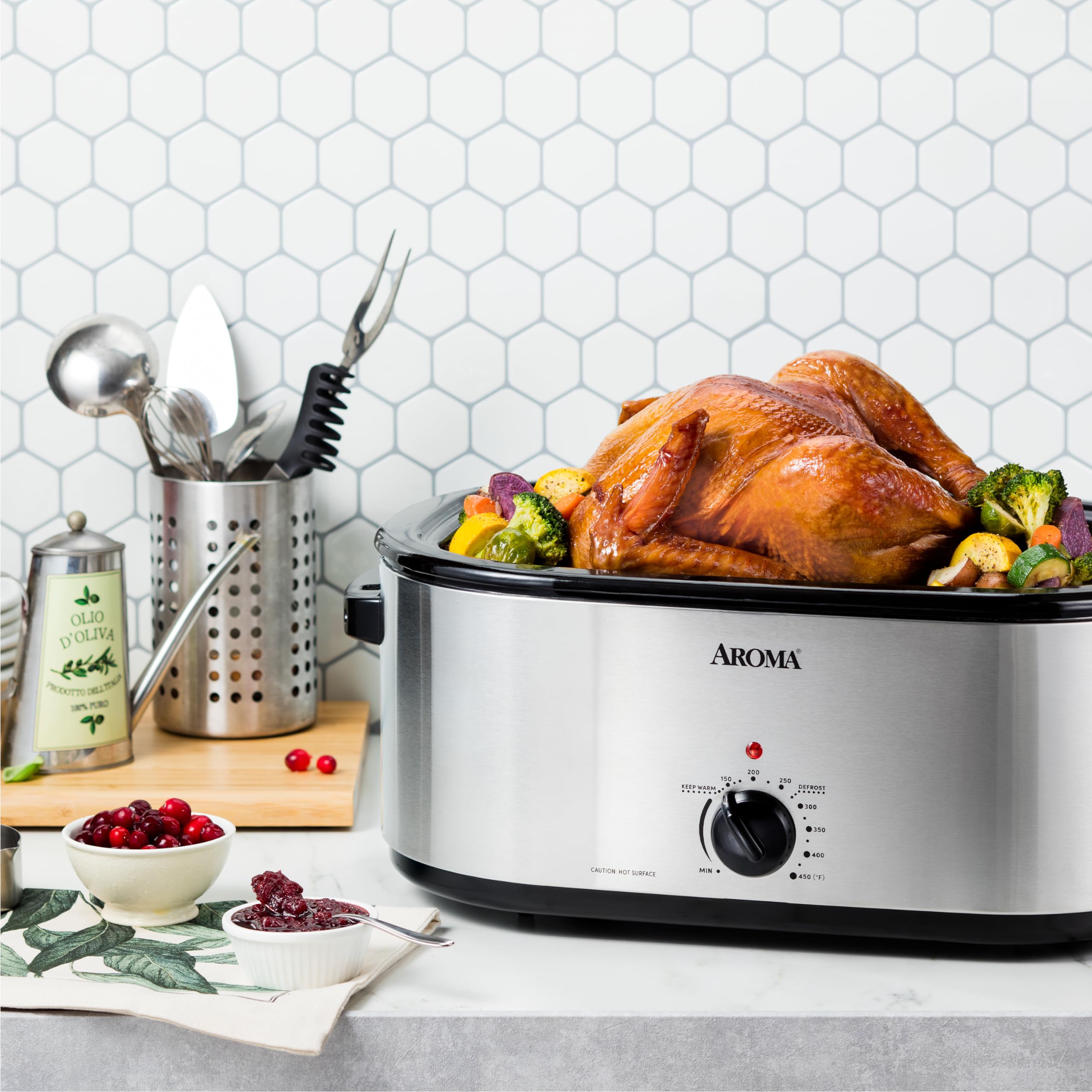 22Qt Stainless Steel Roaster Oven with Self-Basting Lid - Perfect for Holiday Turkey, Large Family Dinners & Potluck Parties
