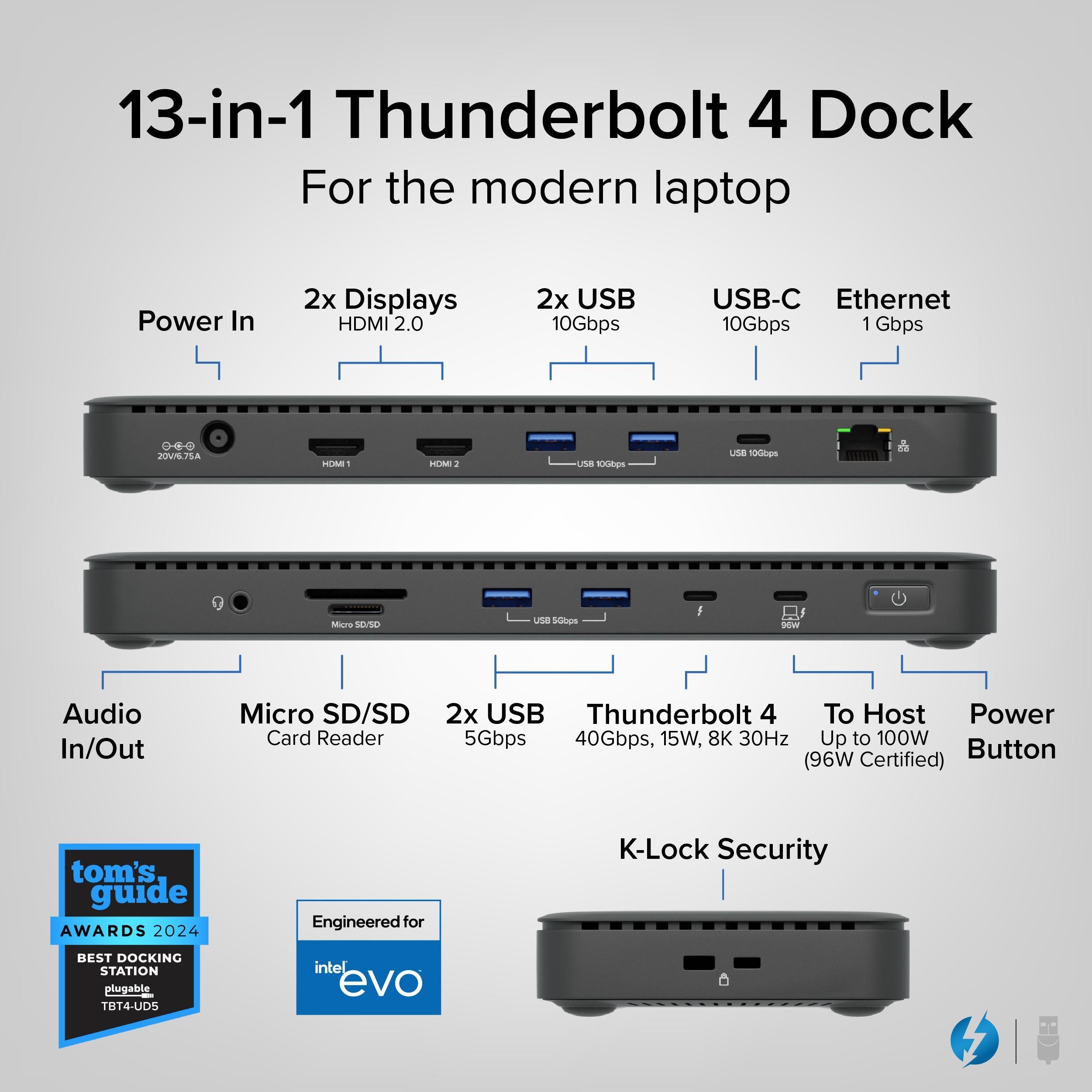 Plugable Thunderbolt 4 Dock - Dual 4K or Single 8K Monitor Support, 100W Laptop Charging - Perfect for Home Office & Gaming Setup