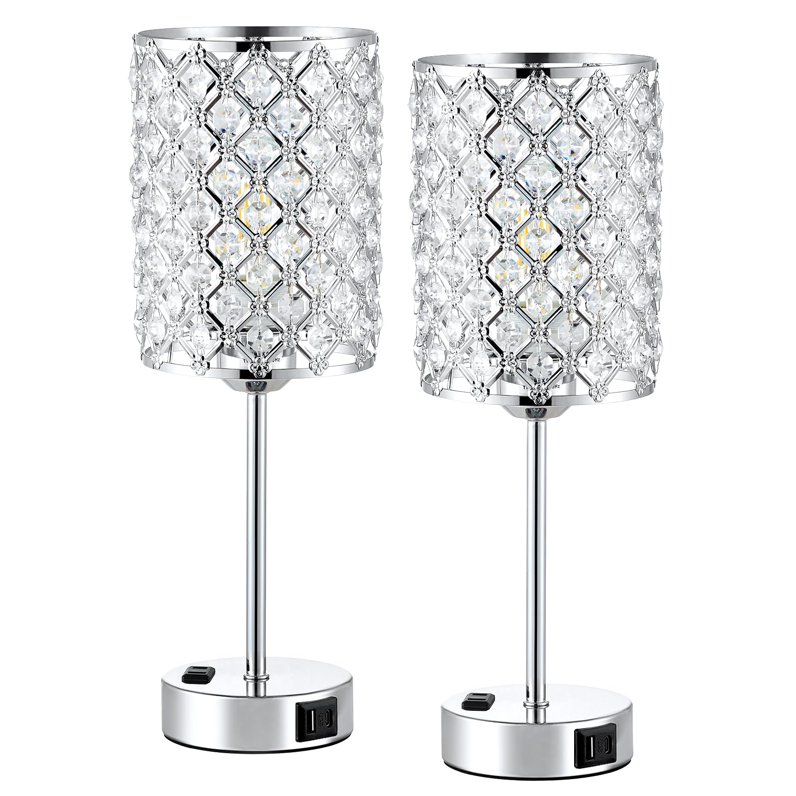 2-Pack Crystal Table Lamps with USB-C & AC Outlet - Silver Nightstand Touch Lamps, 3-Way Dimmable LED Bedside Lamps for Bedroom & Living Room - Perfect for Reading, Working & Creating Cozy Ambiance (Bulbs Included)