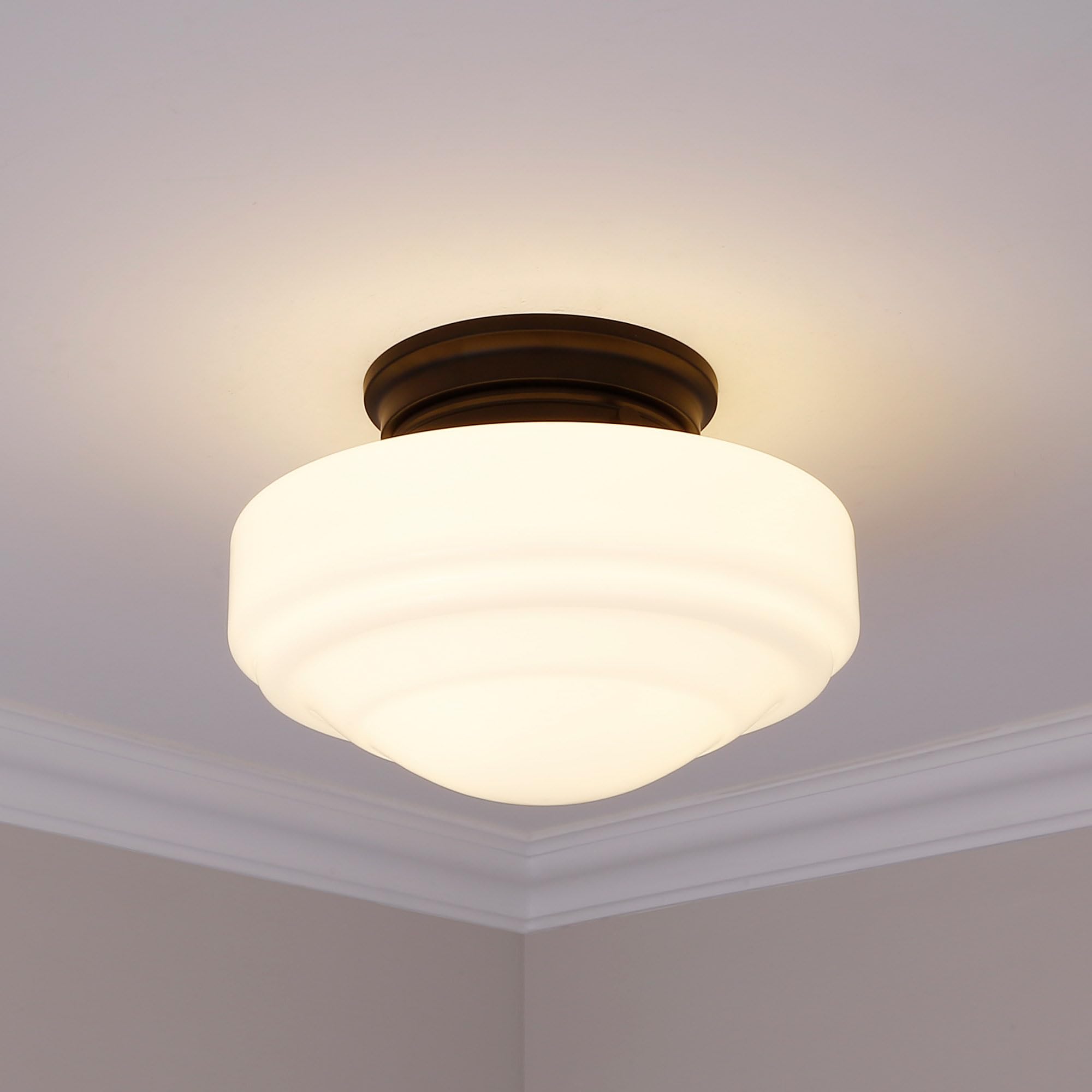 Vintage Style Semi-Flush Mount Ceiling Light Fixture - Matte Black with Milk Glass Shade - Perfect for Bedroom, Living Room & Dining Room Lighting