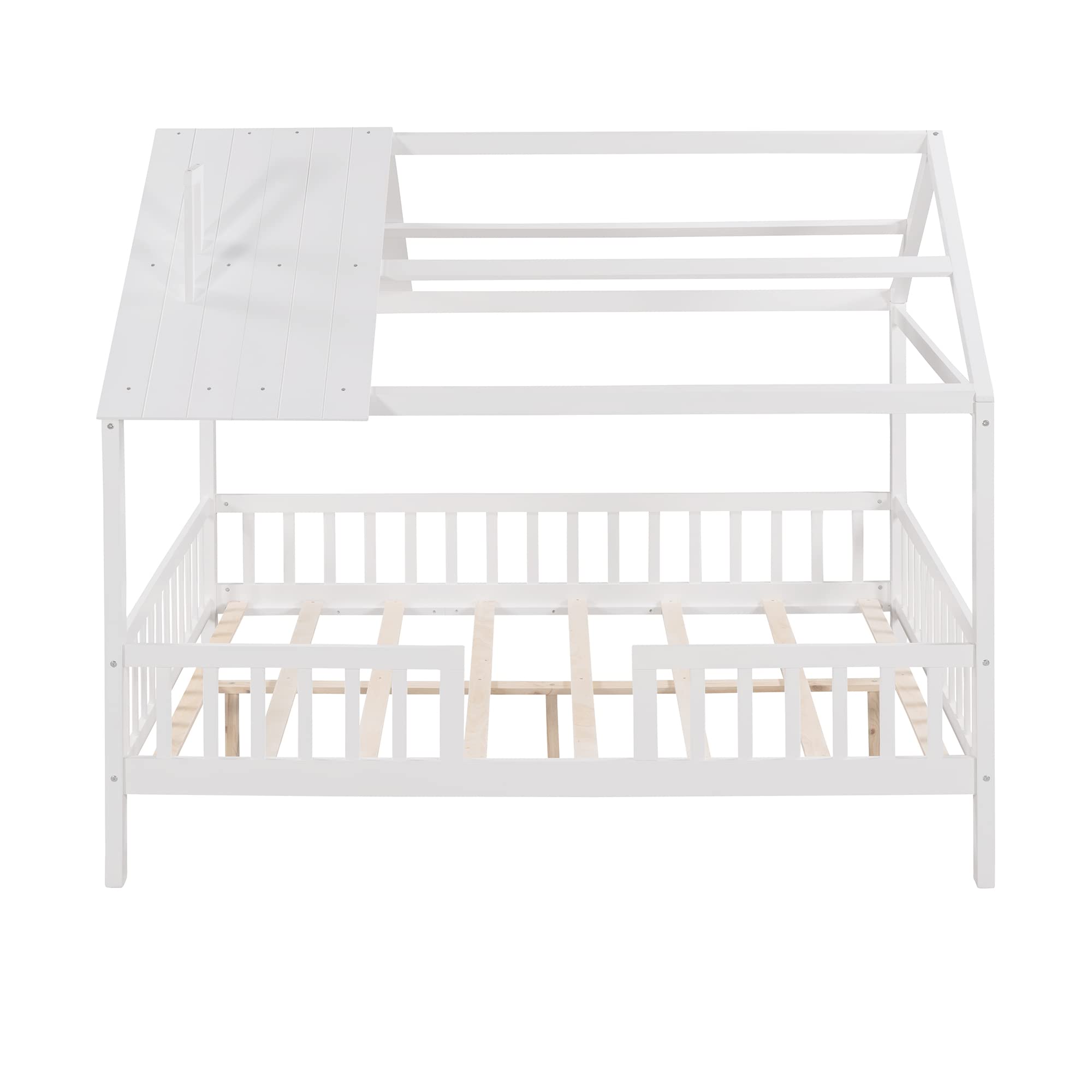 **MERITLINE Full Size Montessori Playhouse Bed - Solid Wood Platform Bed Frame with Fence & Roof for Kids, Teens & Adults - White - Perfect for Playrooms, Bedrooms & Montessori Learning Spaces**