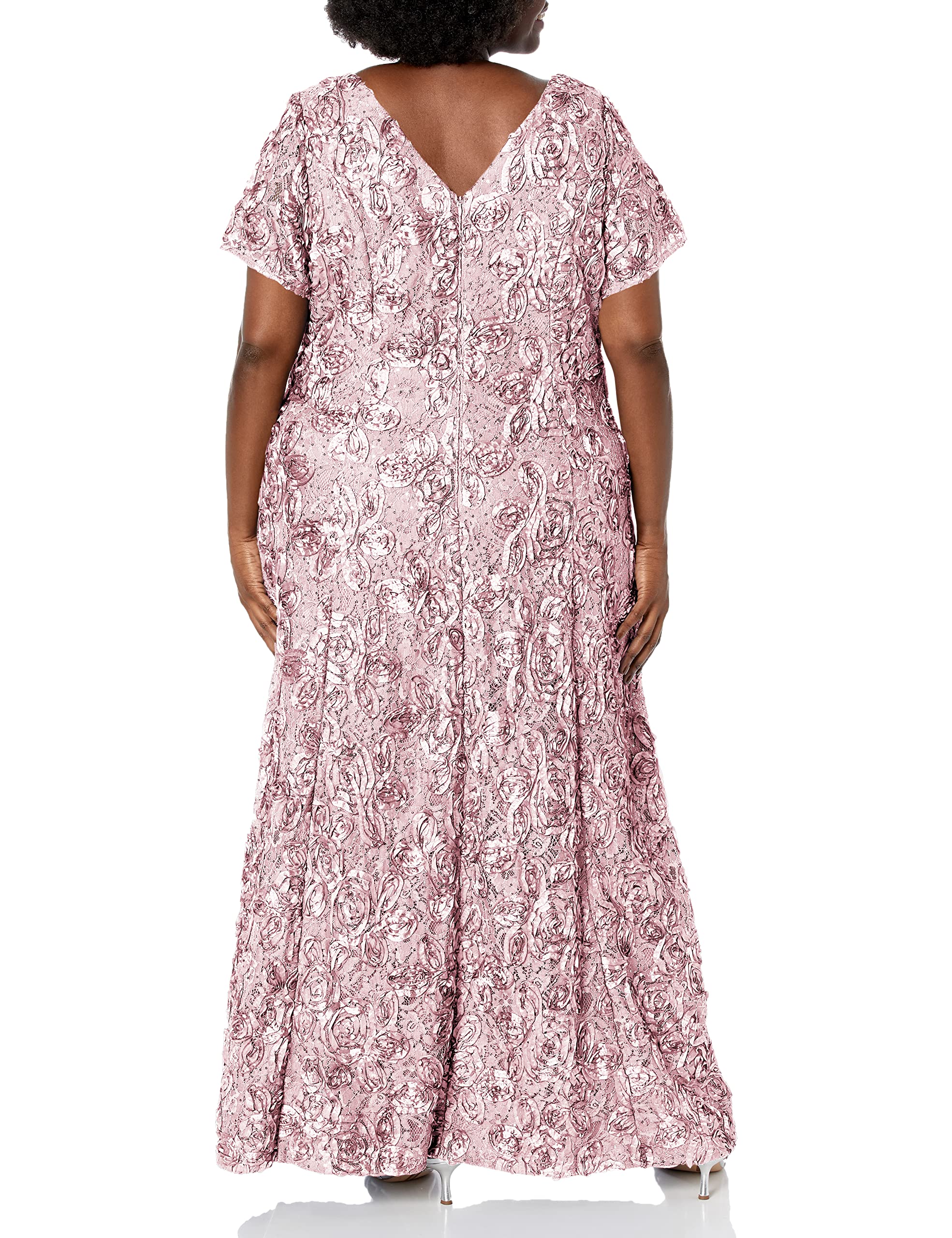 Alex Evenings Women's Plus Size Long Rosette Mother of The Bride Dress with Short Sleeves | Formal Evening Gown for Wedding Guest, Special Occasions & Black Tie Events
