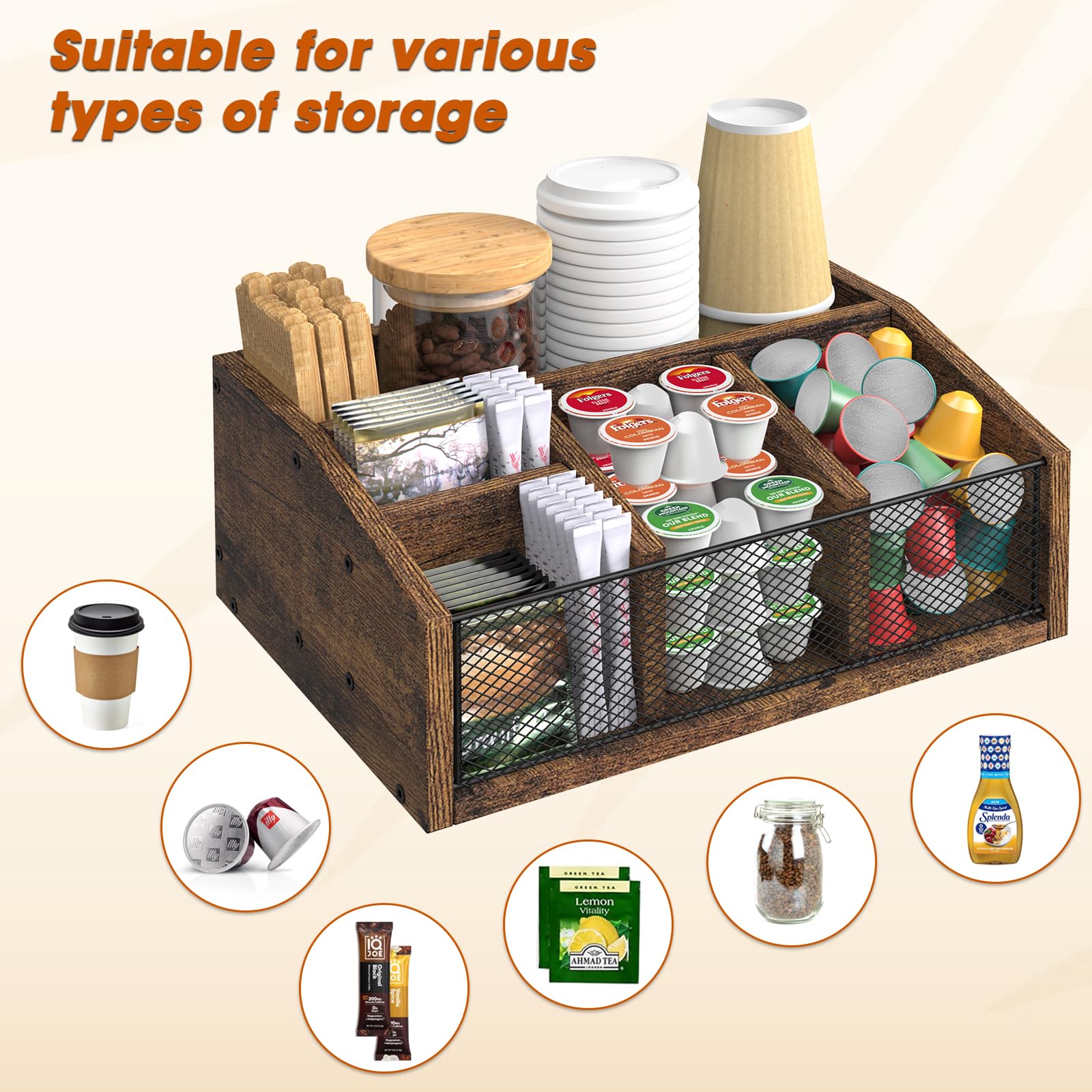 Wooden Coffee Bar Station Organizer - Rustic Tea & Condiment Holder with Cup Storage | Perfect for Kitchen Countertops, Coffee Shops & Home Bars