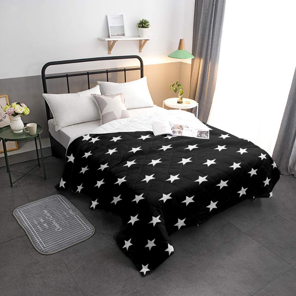 Soft Breathable Cotton Quilted Comforter - Black with White Stars Patriotic Throw Blanket | All-Season Lightweight Bedspread & Coverlet | Oversized King Size for Bed, Sofa & Home Decor
