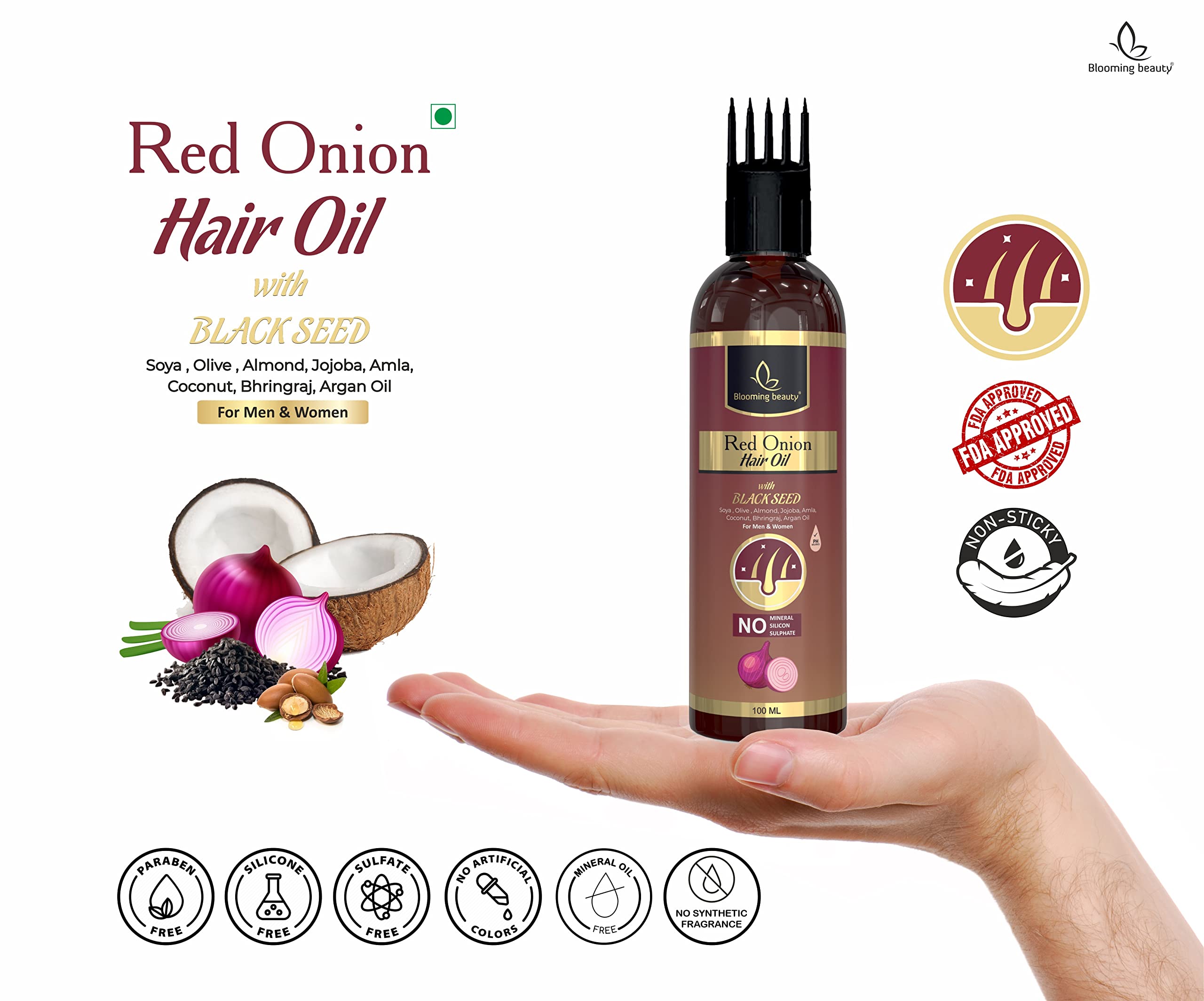 Blooming Beauty Red Onion Hair Growth Oil with Black Seed, Aloe Vera, Neem Leaf & Green Tea - 16 Natural Extracts for Hair Loss Control & Healthy Scalp (100ml with Oil Comb Cap) - Perfect for Daily Hair Care & Thinning Hair Treatment