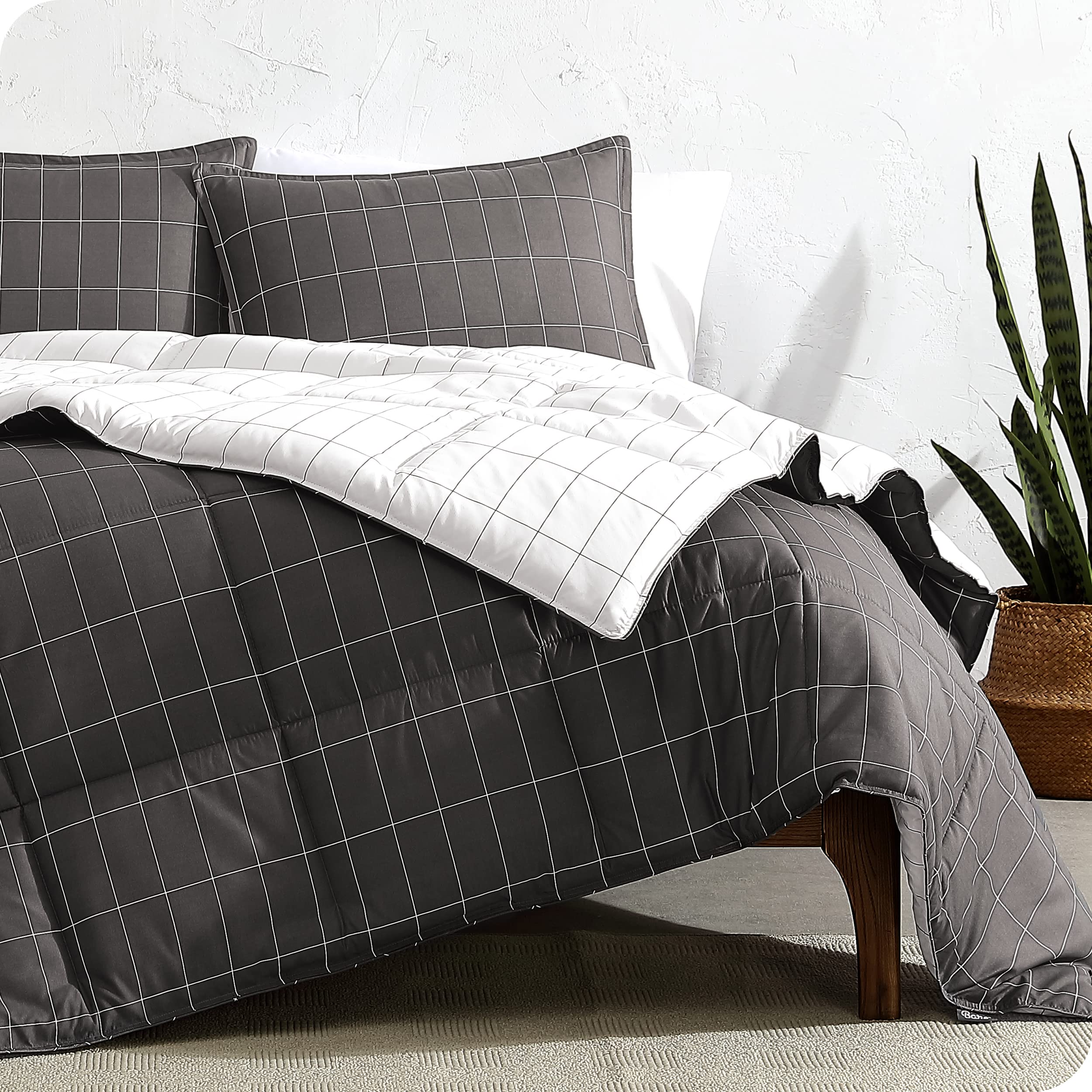 Bare Home 7-Piece Queen Bed-in-a-Bag Comforter Set with Sheets - Ultra Soft 1800 Premium Goose Down Alternative Bedding (Grid Grey/White Comforter + White Sheets) - Perfect for Master Bedroom, Guest Room & Cozy Home Decor