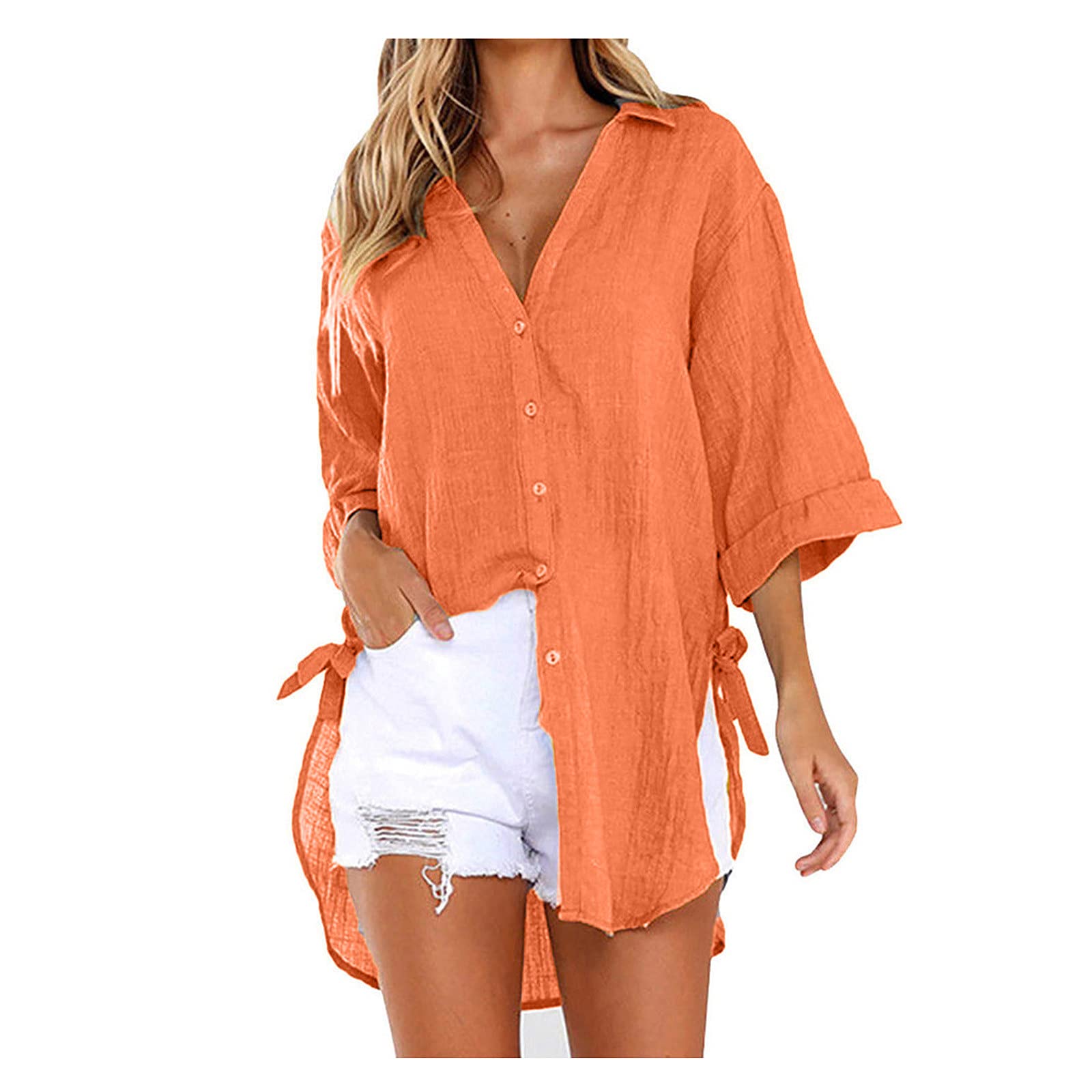 Women's Lace-Up Button Down Blouse - Elegant Lapel Loose Fit Tops for Casual & Dressy Occasions | Perfect for Office, Date Night & Summer Outfits