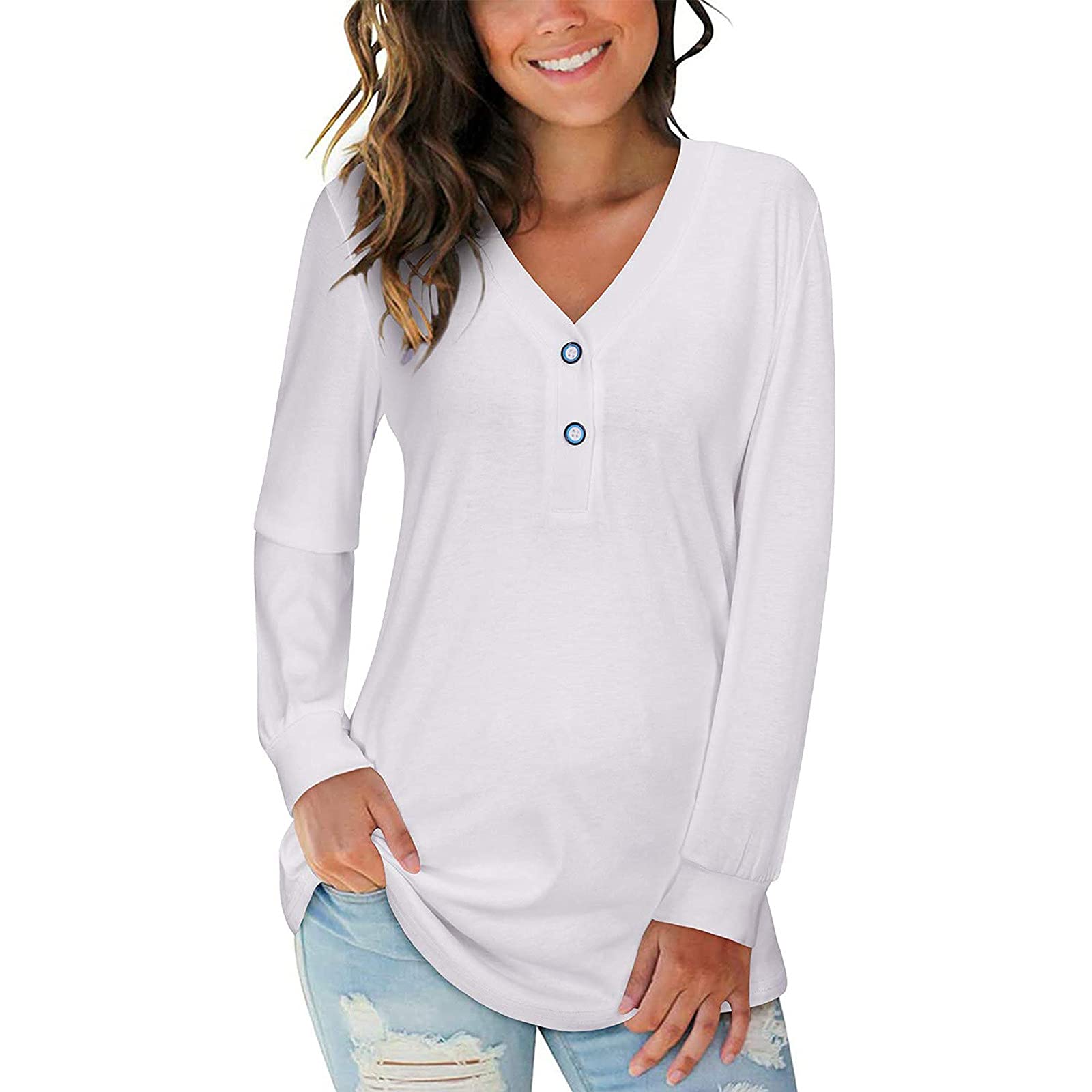 CHARMAP Women's Long Sleeve V-Neck Button Down Henley Blouse - Casual Loose Fit T-Shirt Top for Women | Perfect for Everyday Wear, Work & Weekend Outings