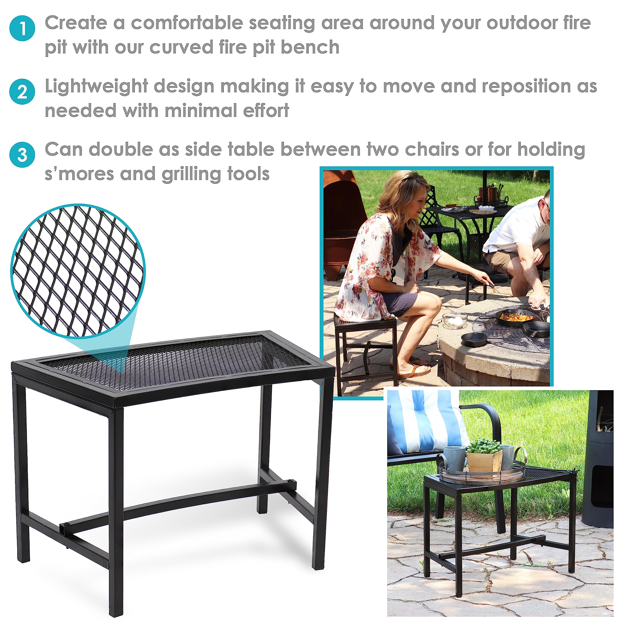 Sunnydaze Outdoor 4-Piece Black Powder-Coated Metal Fire Pit Bench Set - Curved Backless Mesh Design for Patio, Garden & Backyard Relaxation