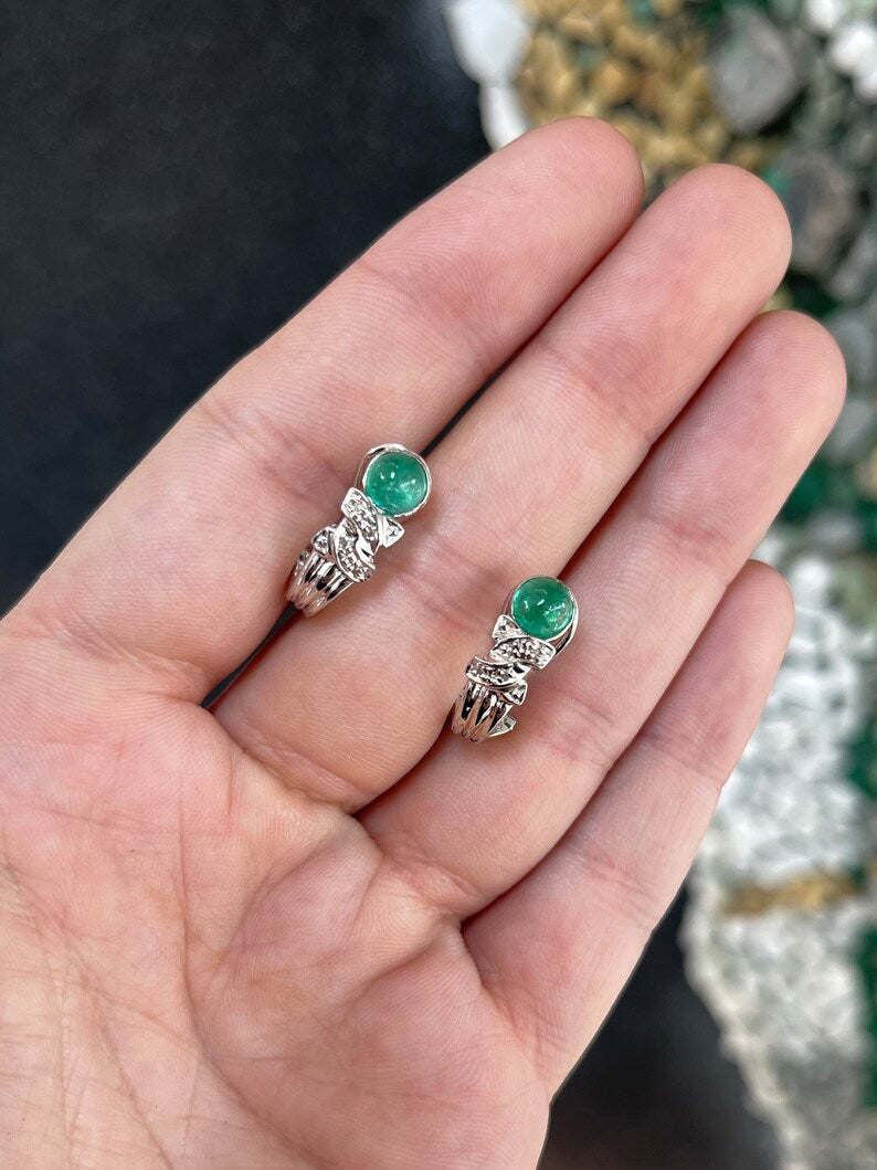 2.01tcw 14K Gold Emerald Cabochon Cut Diamond Accent Omega Hook Drop Earrings for Women - Elegant Dangle Earrings for Wedding, Party & Special Occasions
