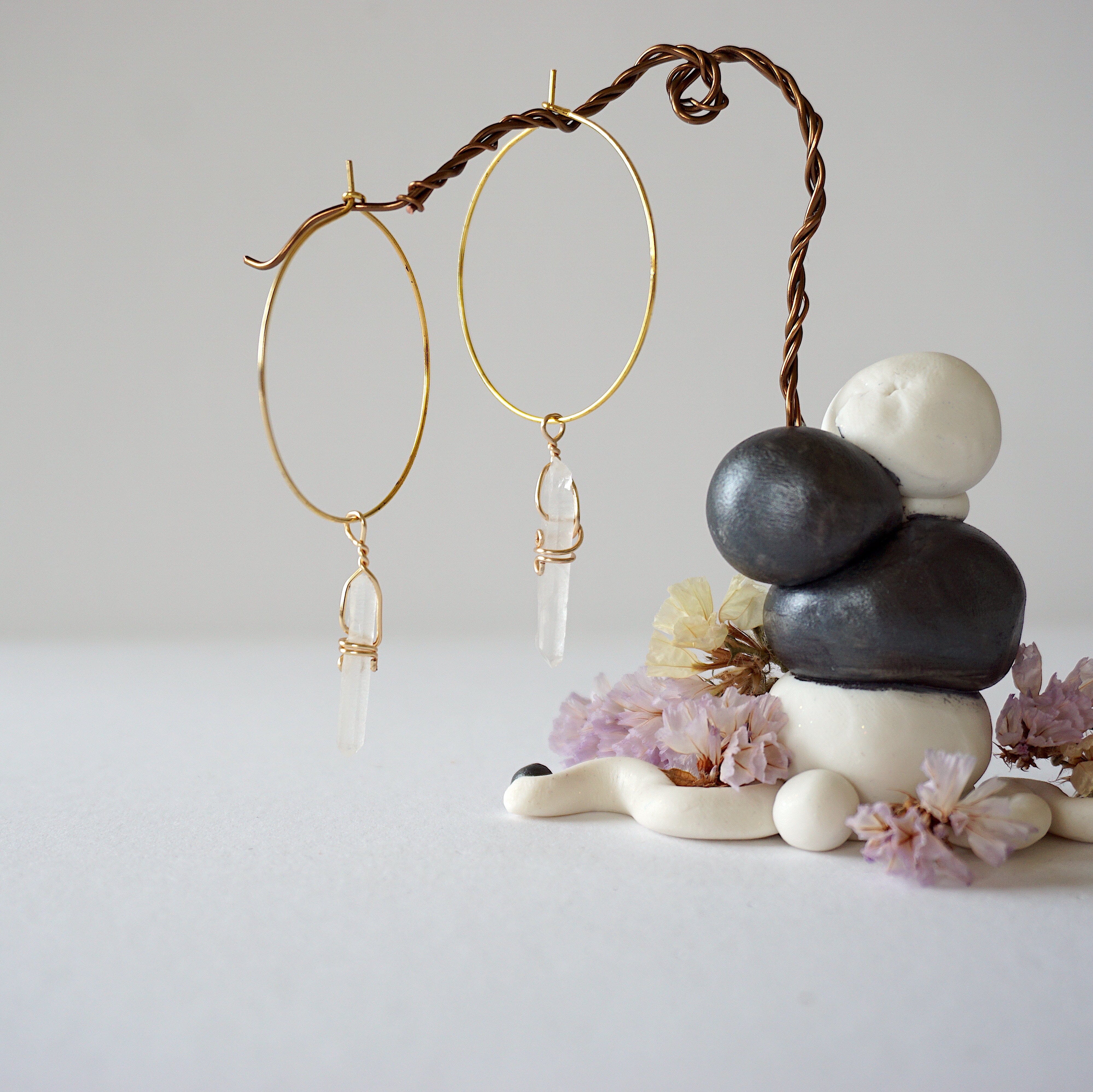 Gold Plated Clear Quartz Charm Hoop Earrings for Women – Elegant Boho Jewelry for Everyday Wear & Special Occasions