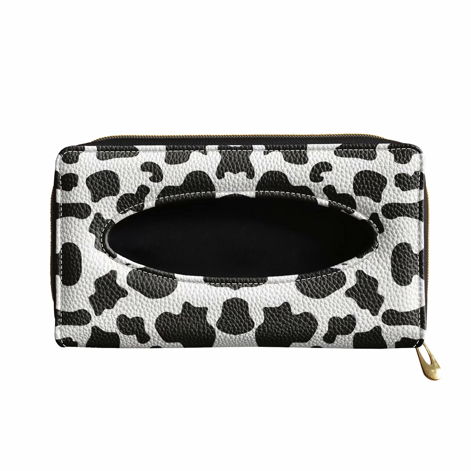 Black & White Cow Print PU Leather Car Tissue Holder - Waterproof Auto Napkin Box & Sun Visor Organizer - Universal Fit for SUV Sedan Cars - Perfect for Road Trips, Commuting & Family Travel