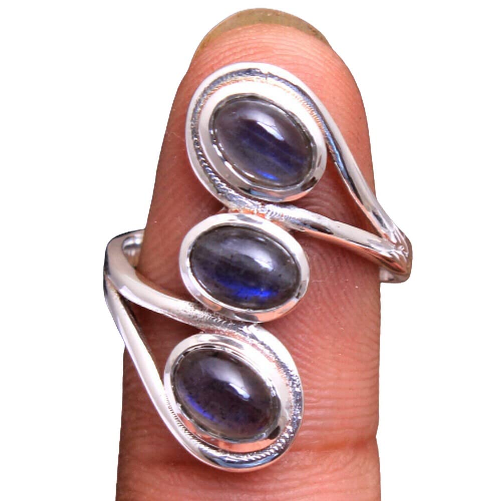 Labradorite 925 Sterling Silver Rings for Women | Blue Gemstone Bridesmaid Jewelry | Oval Bezel Set 3-Stone Handmade Rings | Perfect for Weddings, Engagements & Special Occasions