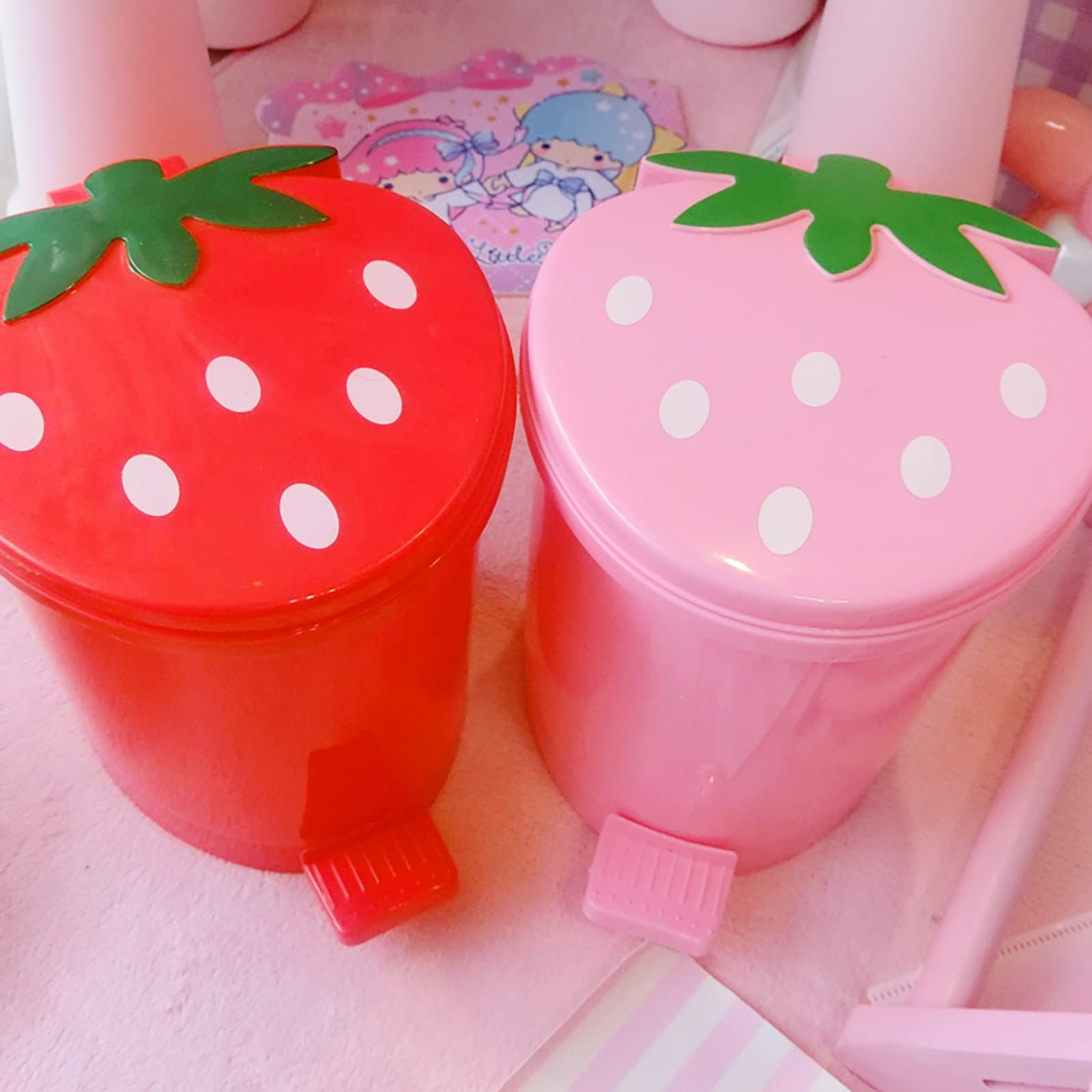 Strawberry Shaped Trash Can - 1 Gallon Cute Small Plastic Waste Bin for Bedroom, Office & Desk - Includes 0.3 Gallon Mini Garbage Can & 5 Rolls Trash Bags - Kawaii Room Decor for Girls, Dorm, Bathroom & Kitchen Organization