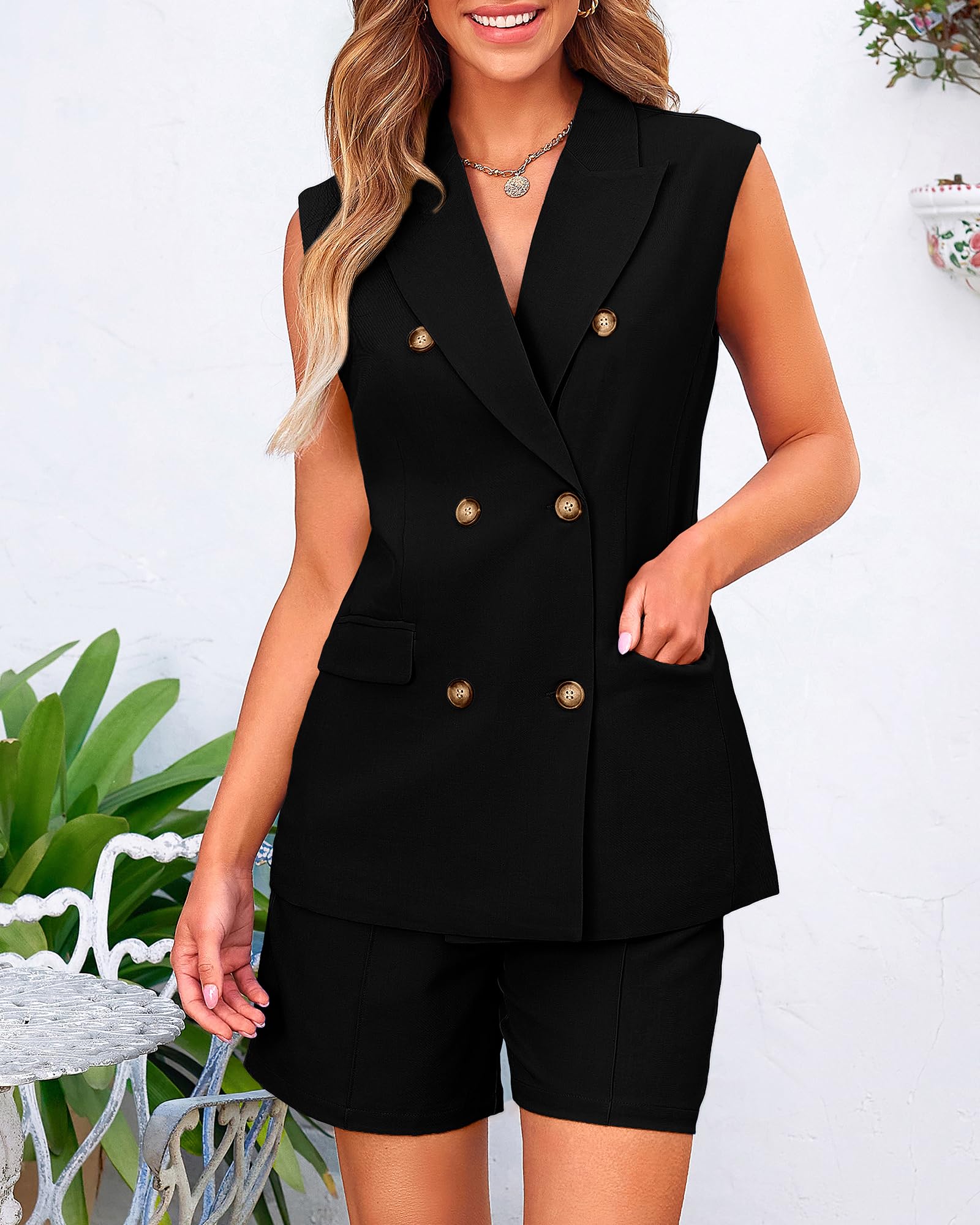 BTFBM Women's 2-Piece Blazer Vest & Shorts Set - Lapel Neck Sleeveless Button Down Office Wear for Summer | Casual Lounge Matching Outfit for Work, Travel & Social Events