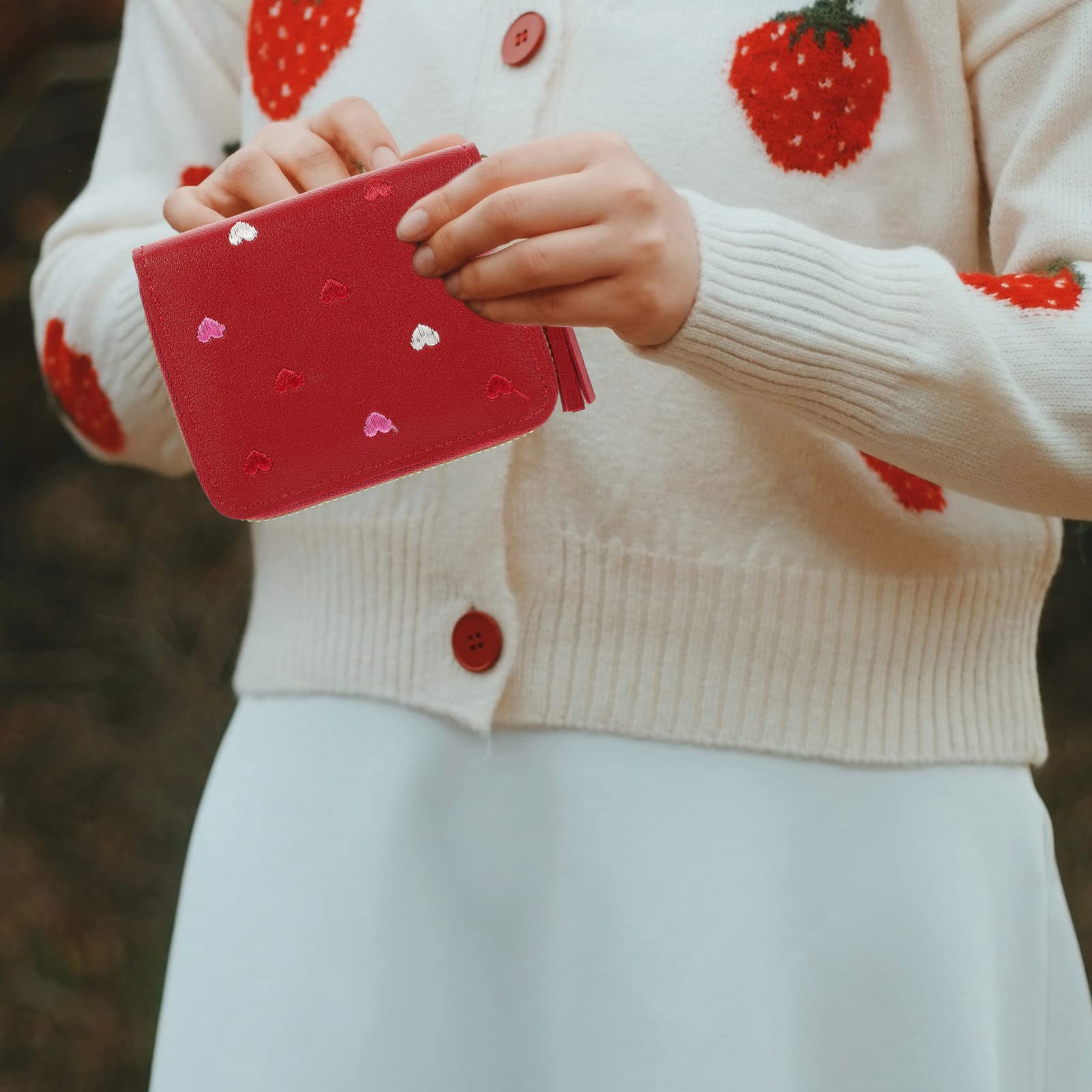 VALICLUD Red PU Leather Wallet for Women - Heart Design, Zipper Card Holder for Daily Use & Travel