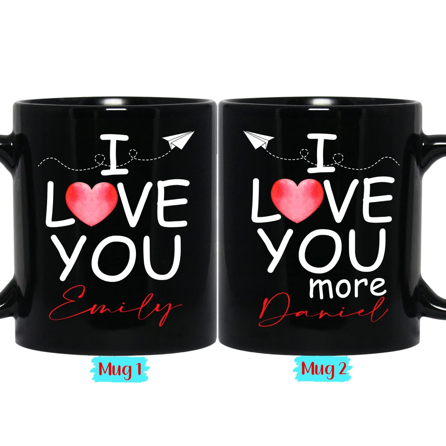 Personalized Couple Coffee Mug Set of 2 - 11oz & 15oz Black Travel Mugs with Custom Names for Husband Wife, Boyfriend Girlfriend - Romantic Gift for Anniversaries, Valentine's Day - Perfect for Couples Travel, Office Use & Home Coffee Time