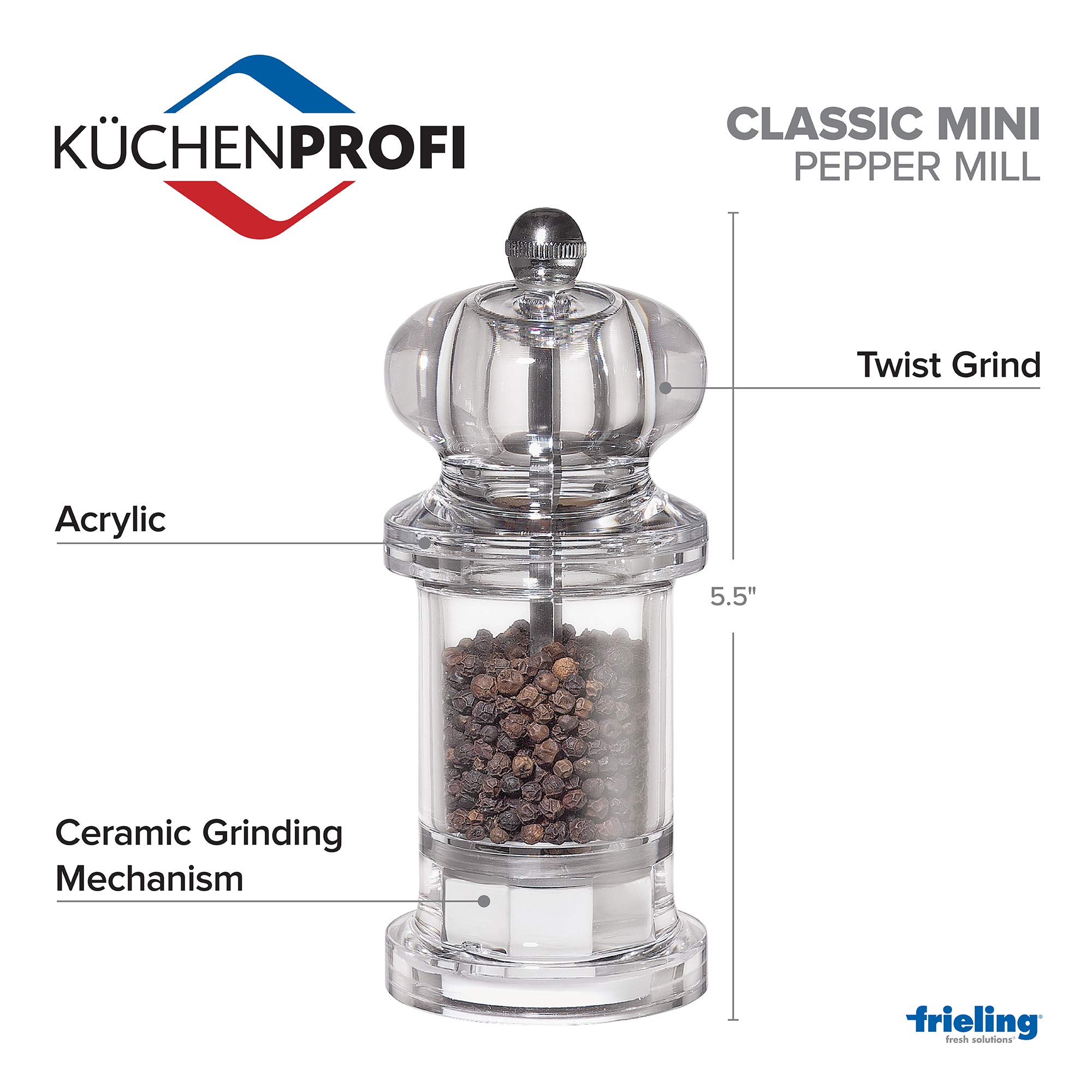 Premium 5.5-Inch Clear Acrylic Mini Pepper Grinder Mill - Classic Manual Spice Grinder for Kitchen, Dining Table & Travel - Perfect for Freshly Ground Pepper on Salads, Steaks & Pasta Dishes