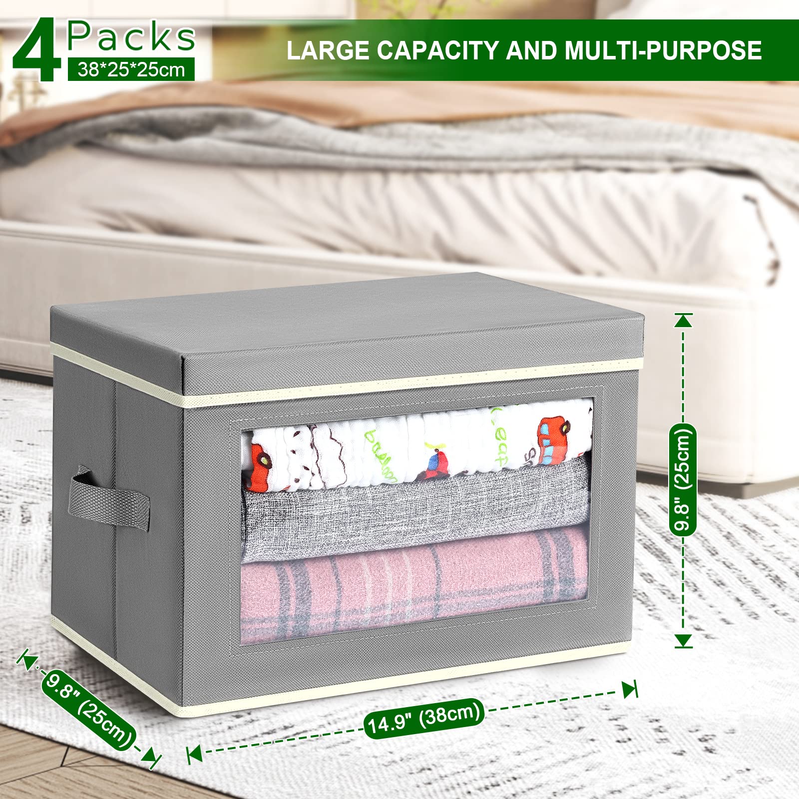 Foldable Storage Bins with Lids - 4 Pack Collapsible Closet Organizer Bins for Bedroom, Living Room & Kids Room - Space Saving Storage Boxes for Home Organization & Seasonal Clothes Storage