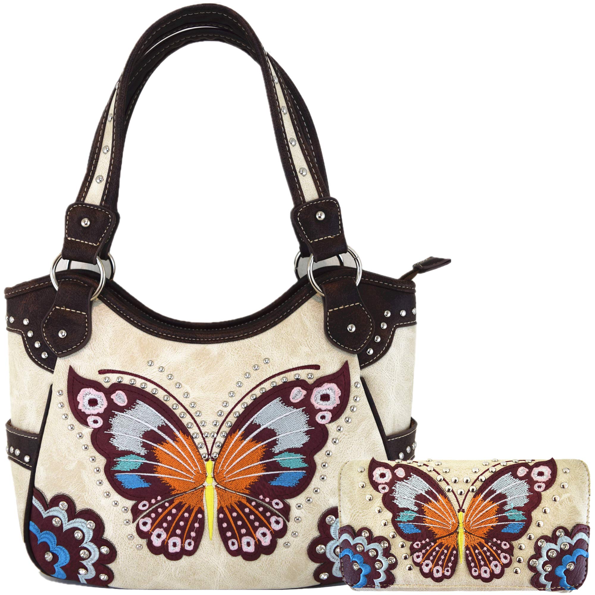 Western Style Butterfly Tooled Buckle Concealed Carry Purse – Vintage Country Handbag for Women with Shoulder Strap & Wallet Set – Perfect for Everyday Use, Travel, and Outdoor Adventures
