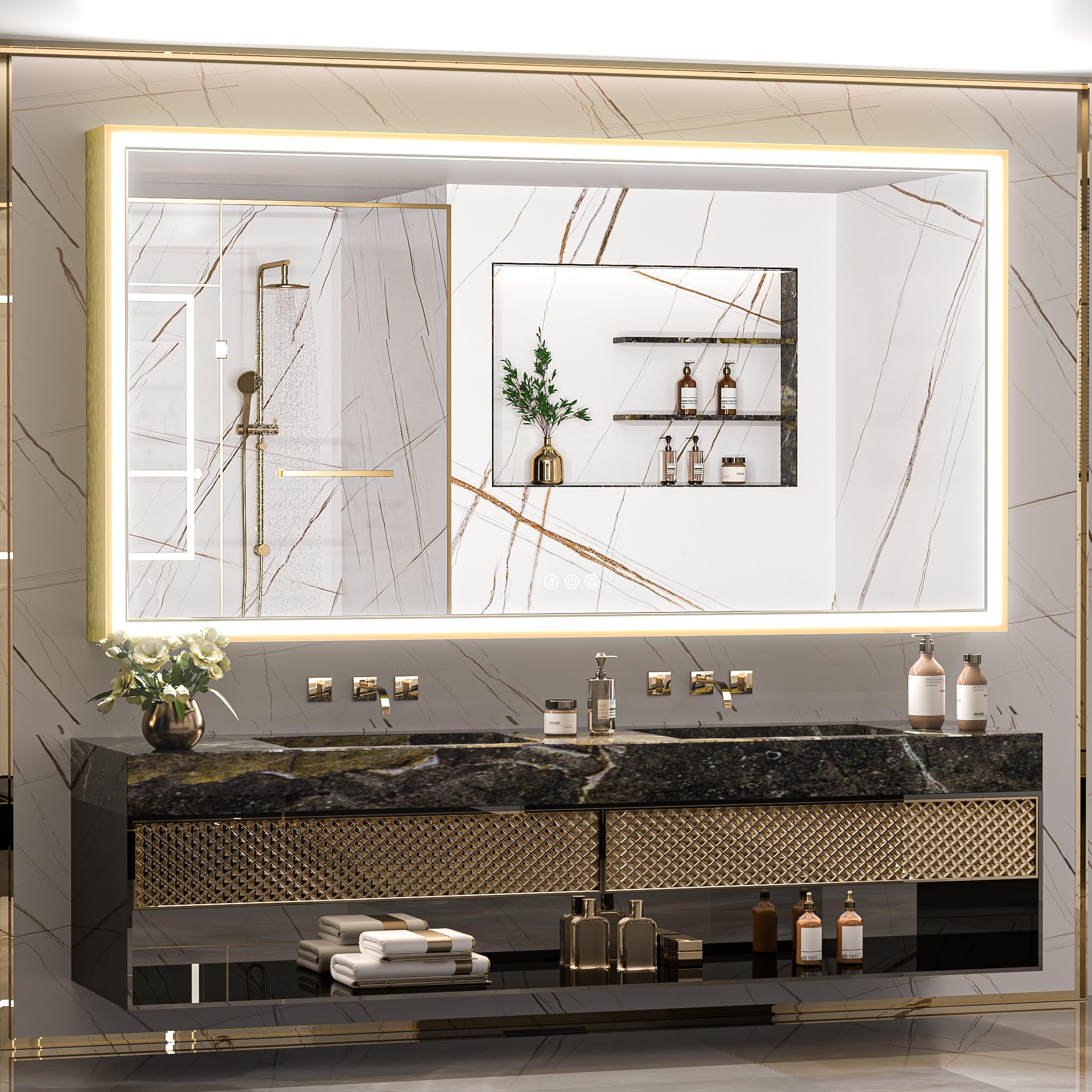TokeShimi 72 x 36 Inch LED Bathroom Vanity Mirror with Lights - Gold Aluminum Alloy Matte Frame, 3 Color Temperatures, Anti-Fog, Memory Function & Stepless Dimming - Perfect for Modern Bathroom, Dressing Room and Makeup Area
