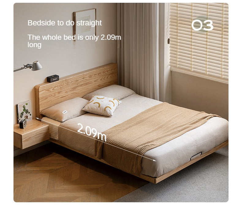 Oak Solid Wood Suspended Bed Frame - Queen Size Floating Platform Bed with Headboard - Modern Minimalist Bedroom Furniture for Loft, Apartment & Small Spaces