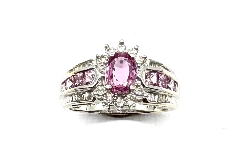 14K White Gold Diamond & Pink Stone Halo Engagement Ring for Women - Elegant Wedding, Anniversary, or Promise Ring Gift Idea