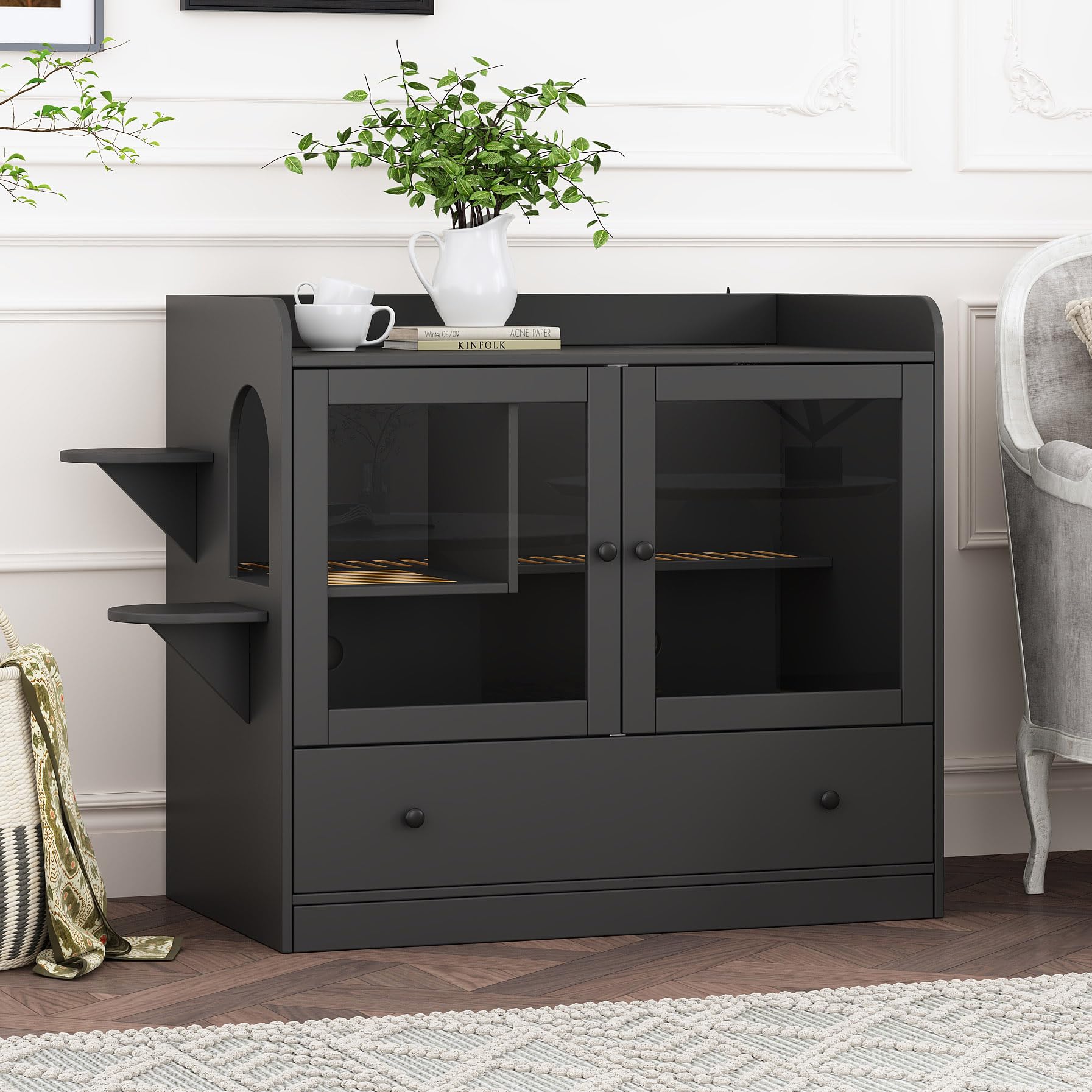 Extra Large Cat Litter Box Enclosure Furniture - Hidden Cat Condo Pet House with Stairs for 2 Cats, Cat Cabinet Nightstand Side Table with Large Drawer - Perfect for Living Room, Bedroom or Office - Black