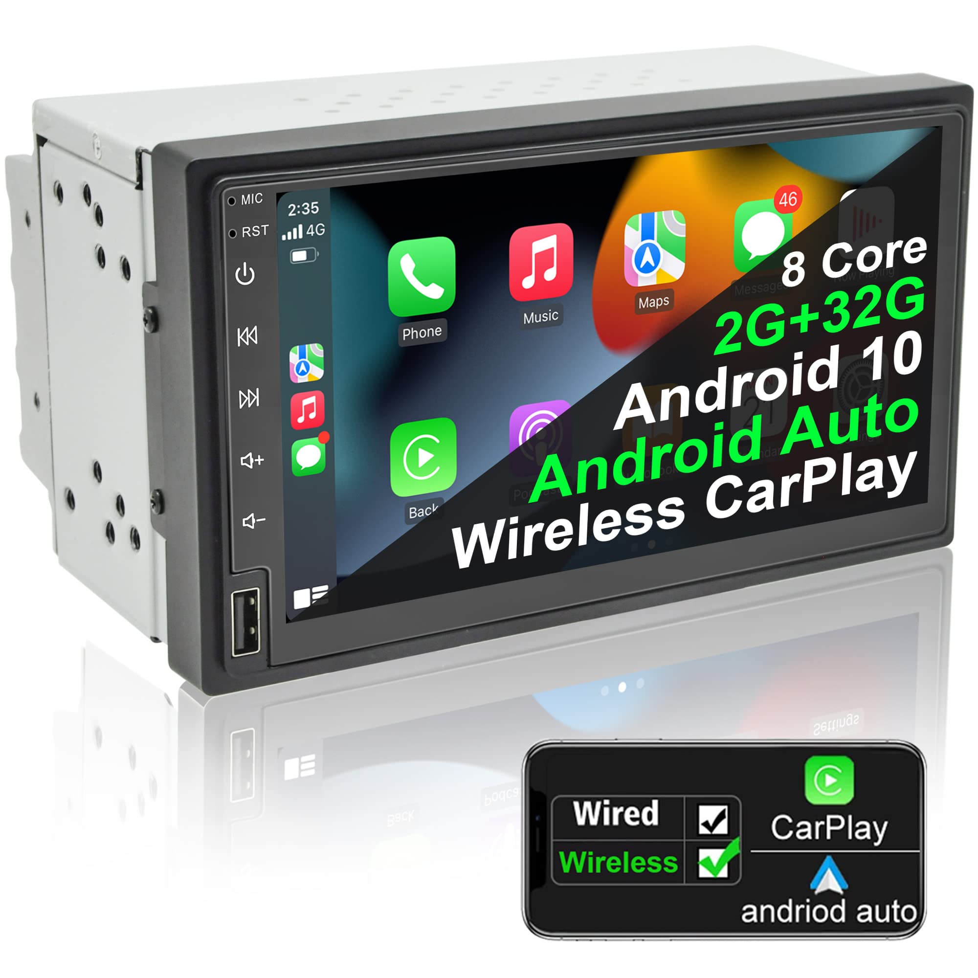 IYING 7 Inch Android 10 Double Din Car Stereo - Wireless Apple CarPlay & Wired Android Auto, Octa Core 2GB RAM 32GB ROM, Dual Bluetooth, GPS Navigation, WiFi, AM/FM Receiver - Perfect for Toyota, Honda, Ford & More (Great for Road Trips & Daily Commute)