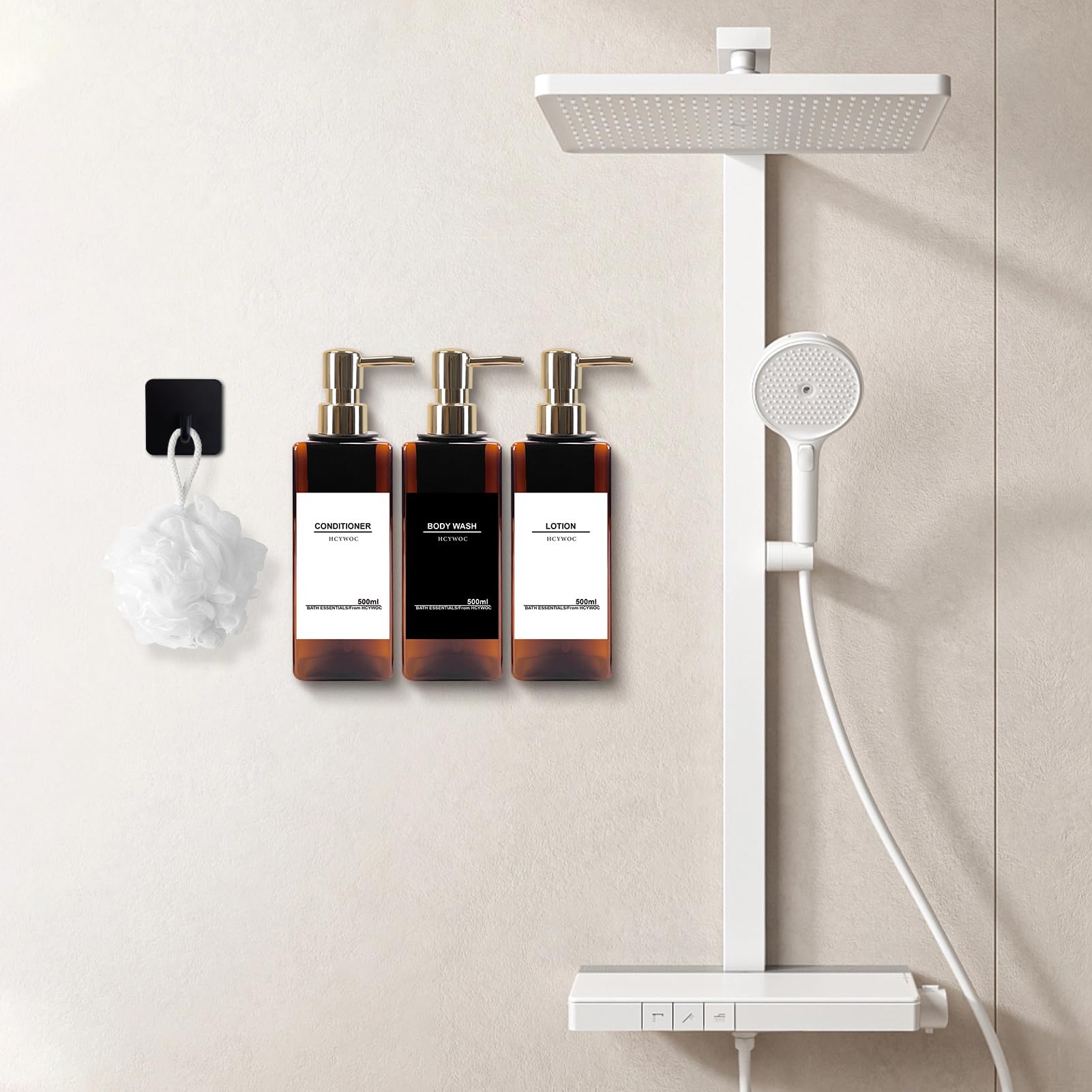 Wall Mounted Shampoo and Conditioner Dispenser for Shower - 3 Chamber No Drill Bathroom Soap Dispenser with 16 Waterproof Labels, 17oz Capacity in Gold Amber - Perfect for Spa-Like Showers, Guest Bathrooms & Organized Family Bathrooms