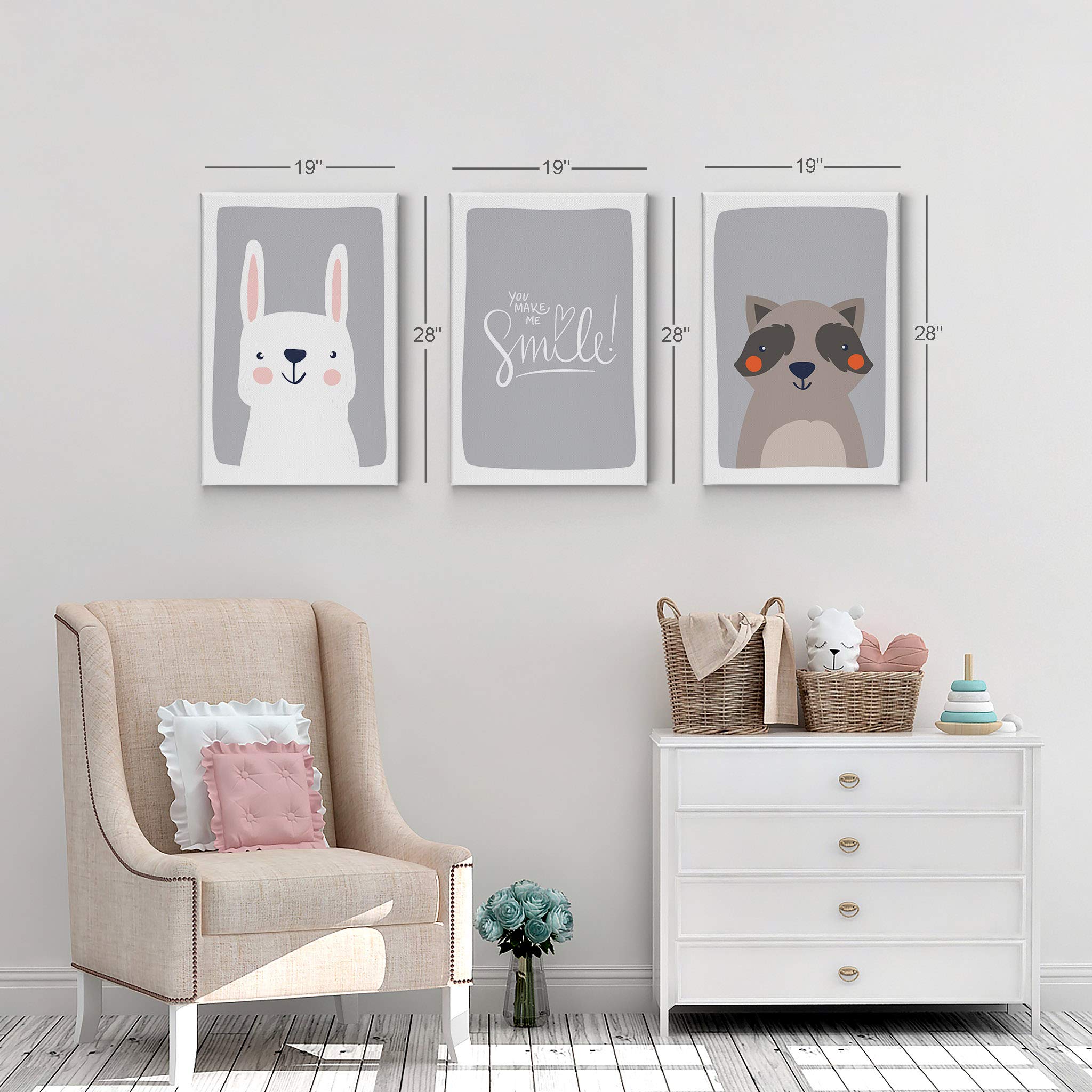 Cute Rabbit & Raccoon Canvas Wall Art Set - 3 Piece Nursery Decor with Inspirational Quotes, Gray Background, Ready to Hang (28x19 inches) - Perfect for Kids Room, Baby Boy & Girl Bedroom Decor - Made in USA | Ideal for Birthday Gifts, Nursery Wall Decor & Playroom Accents