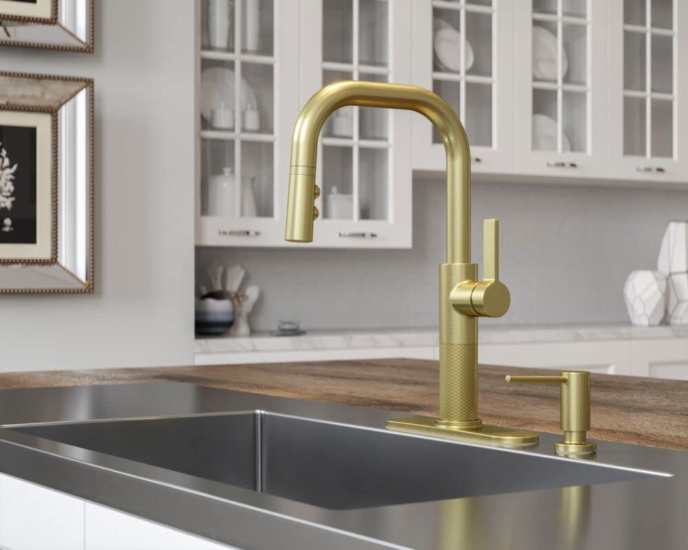 Pfister Brushed Gold Modern Kitchen Soap Dispenser - Touchless Automatic Liquid Soap Dispenser for Bathroom & Kitchen, Sleek Design with 17oz Capacity, Perfect for Modern Homes & Commercial Spaces