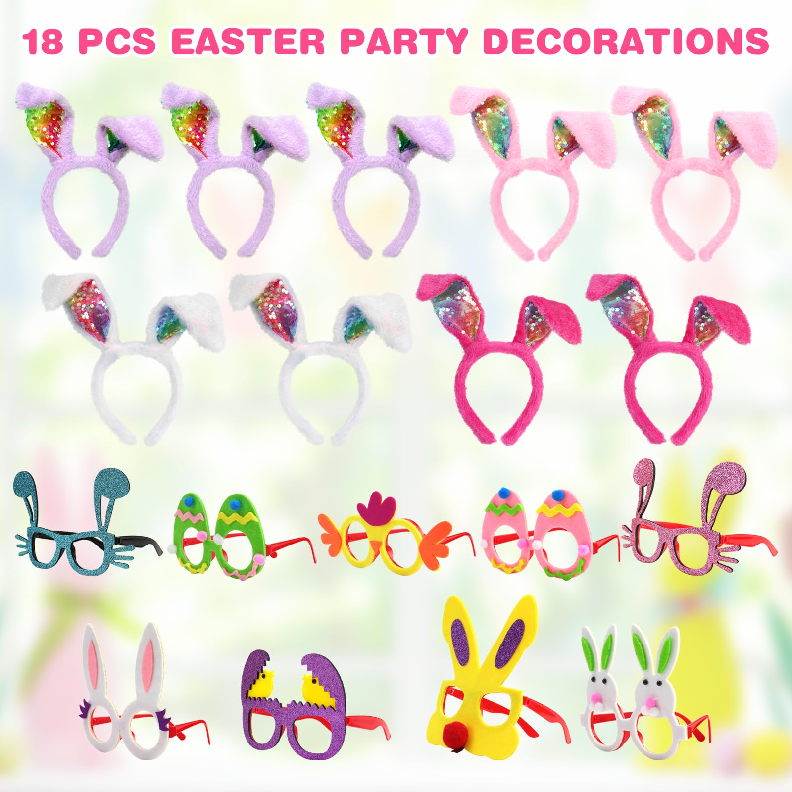Halovin 18PCS Easter Bunny Headbands & Glasses Set - Cute Rabbit Ears & Chick Egg Hair Accessories for Kids & Adults - Perfect for Easter Party Decorations, Photo Booth Props & Spring Festival Celebrations