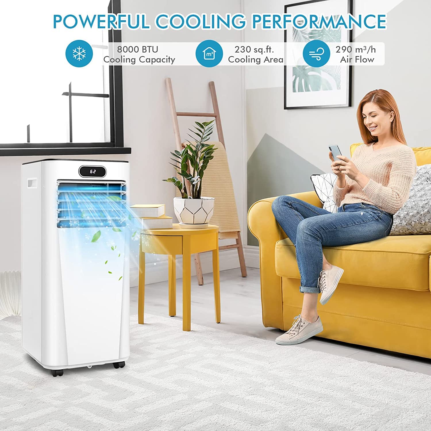 GOFLAME 8000BTU Portable Air Conditioner - 3-in-1 Cooling Unit with Dehumidifier & Fan, Remote Control, Sleep Mode, 2 Speed Settings & 24H Timer - White | Perfect for Bedroom, Office & Small Spaces