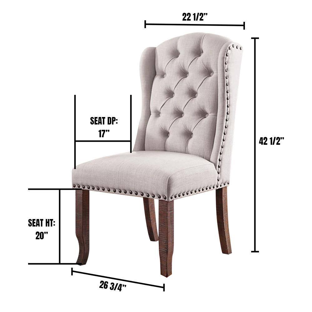 Contemporary Ivory Fabric 2-Piece Tufted Wingback Dining Chairs with Rustic Solid Oak Wood Back - Perfect for Farmhouse Dining Room, Kitchen Nook & Breakfast Nook Decor